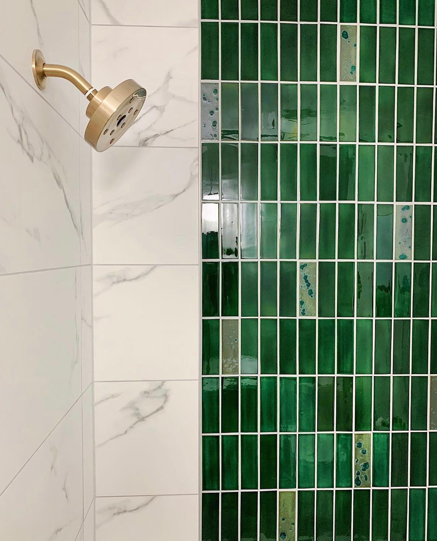 Consider this proof that you don't have to be scared of dark tile in a windowless bathroom, as long it's done right! 🙌🏼

Since there was no natural light in this bathroom, we knew that keeping some of the shower tile white would help with the overa
