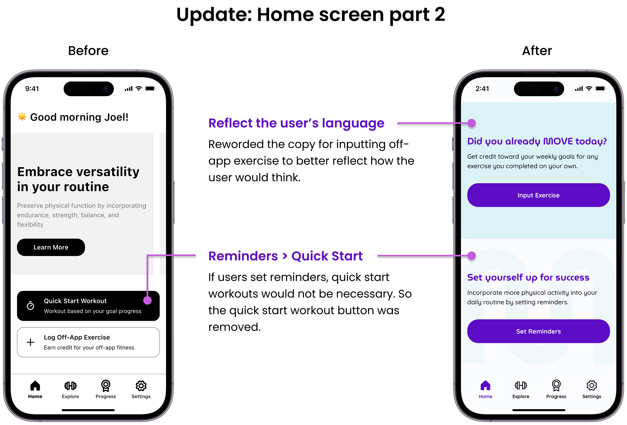 Part 2 of a comparison of the mid-fi and hi-fi mobile home screens. Annotations describe changes made to reflect the users' language and the removal of the quick start workout button.