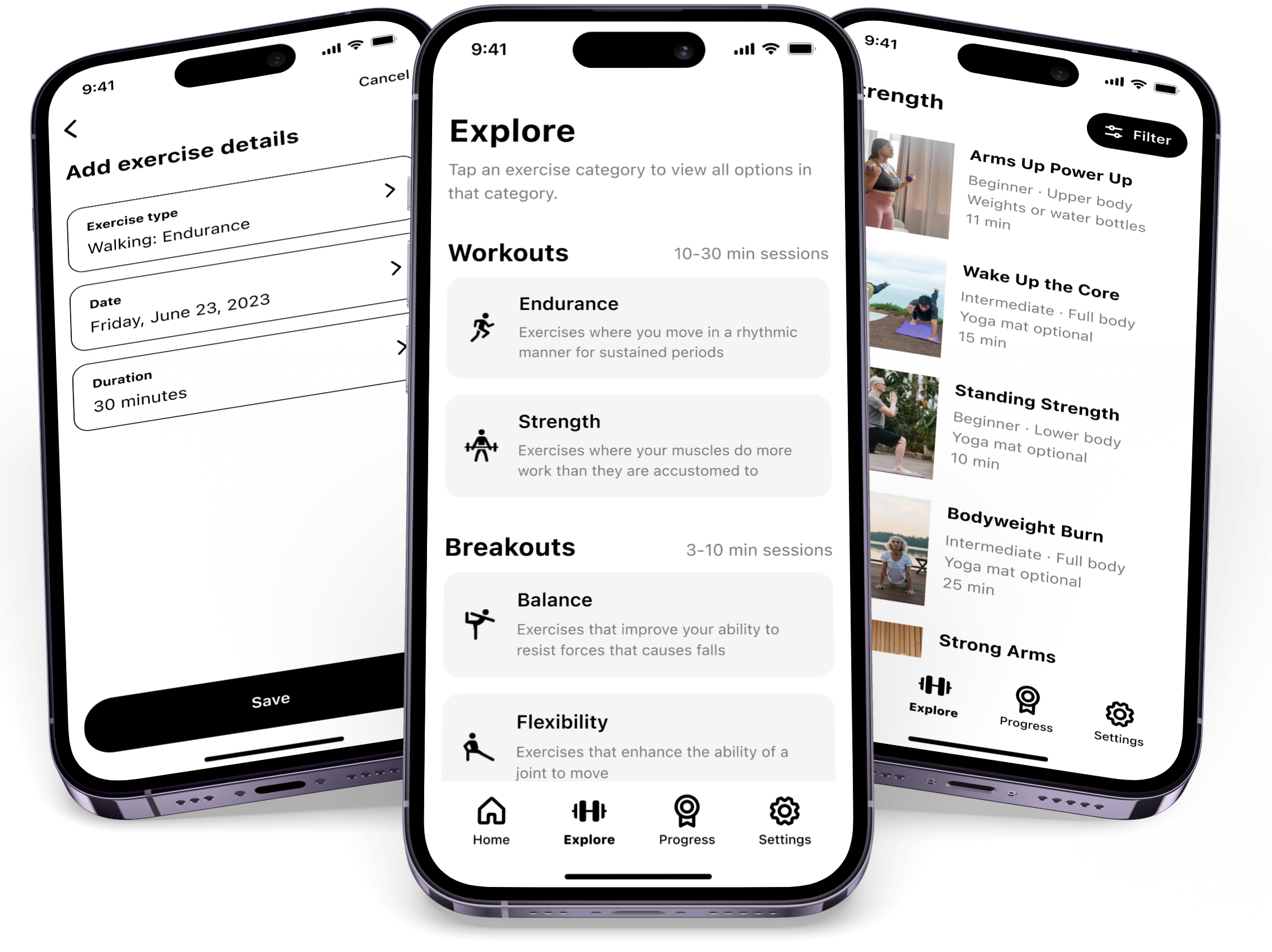 3 mobile phones showing screens from the mid-fi prototype: Add exercise details, Explore workouts/breakouts, and Strength workouts.
