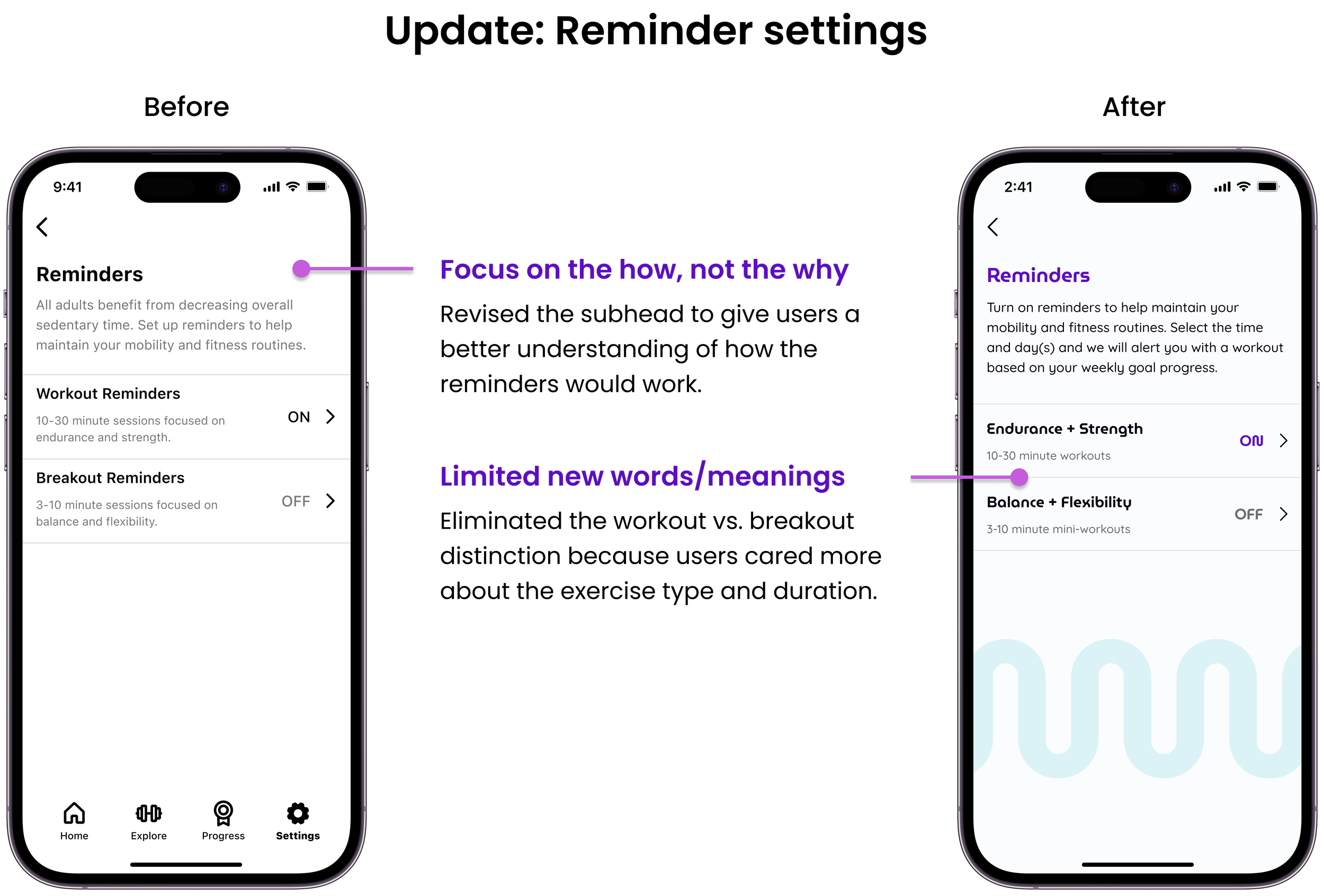 Comparison of the mid-fi and hi-fi mobile reminder settings. Annotations describe the changes made to the subhead to focus on how the reminders would work and changes made to the words/meanings.