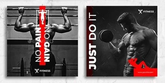 Example of intimidating fitness branding. The high contrast greyscale images show a muscular topless man is working out and flexing. Overlayed text states 'No pain, no gain' and 'Just do it'.