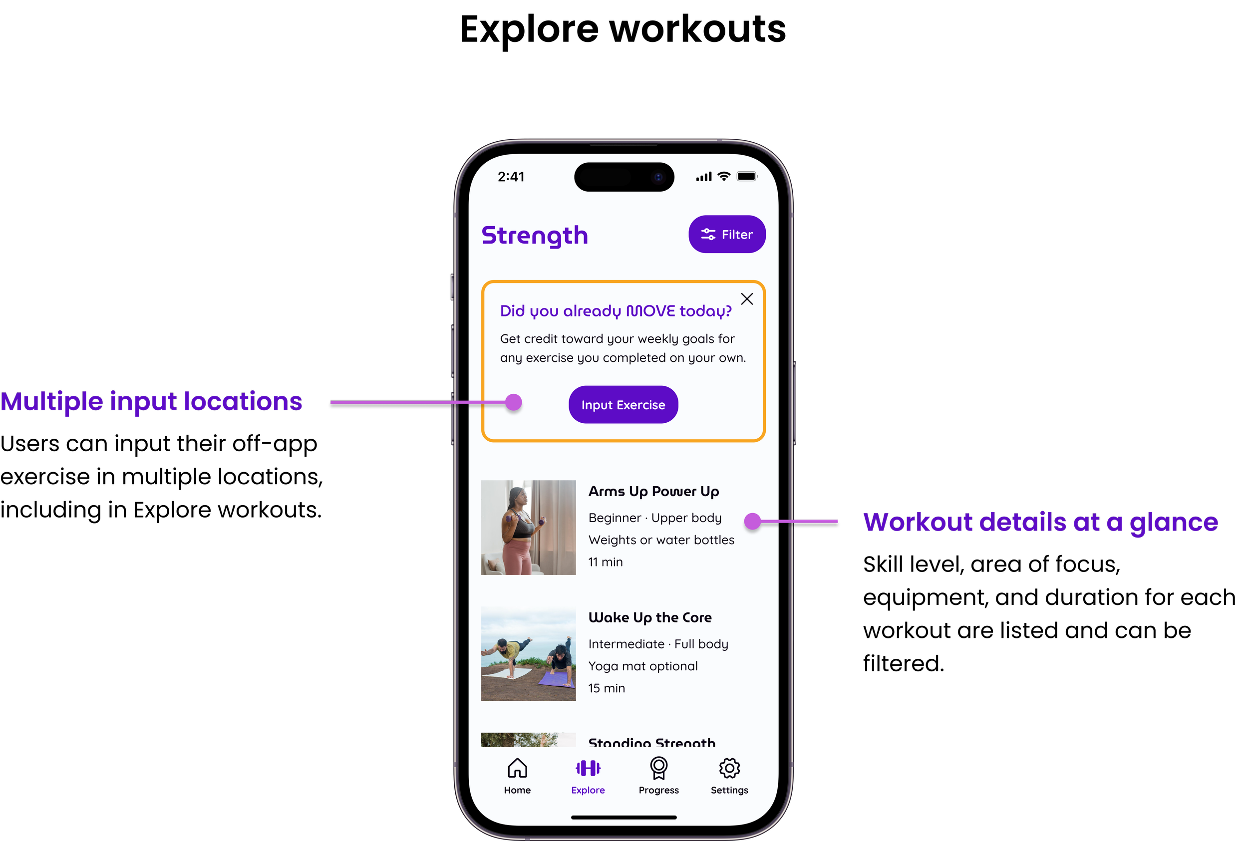 Mobile screen showing the Strength workouts page. Annotations describe the multiple off-app input locations and workout details at a glance.