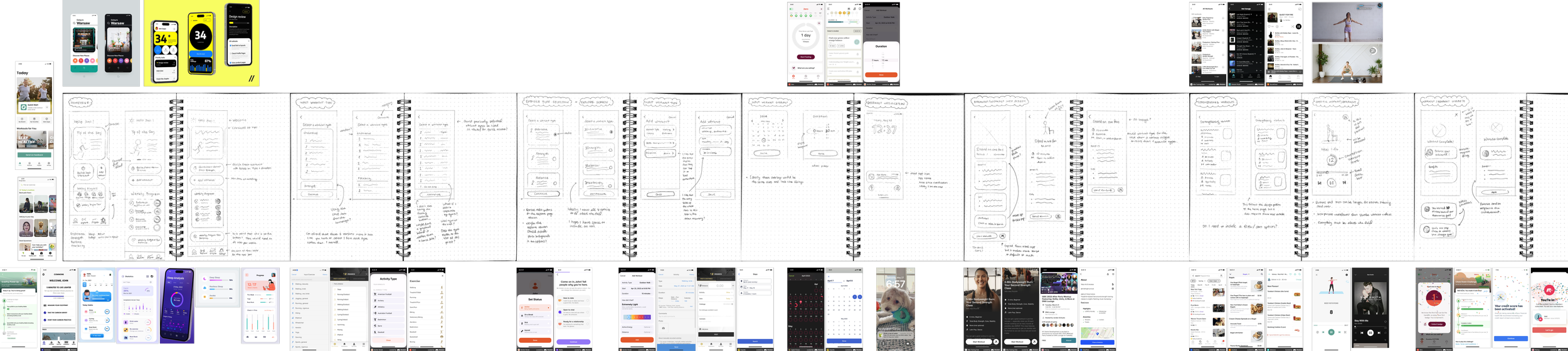 Low-fi sketch wireframe surrounded by reference screenshots of various apps.