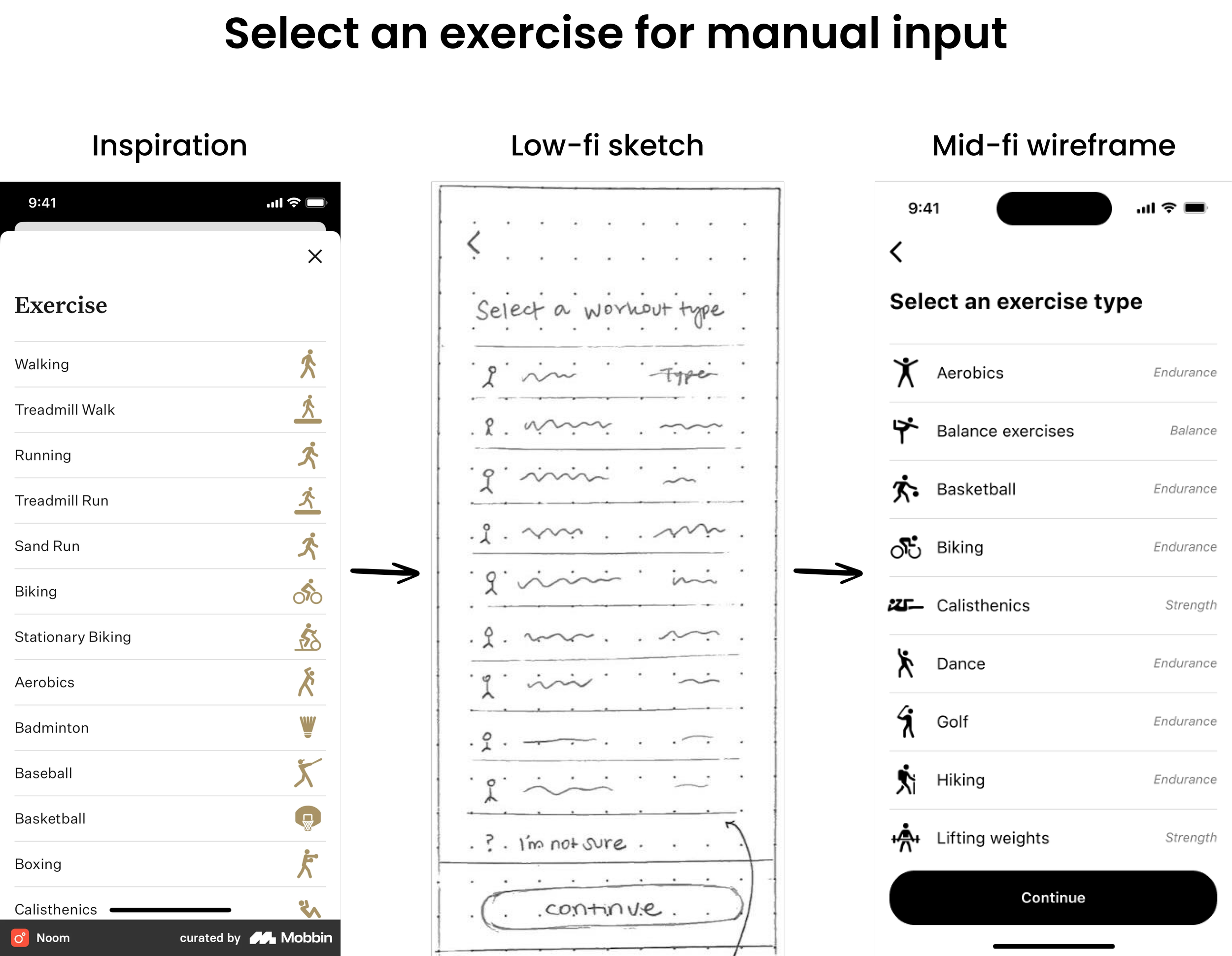 Side-by-side screens showing the process from inspiration to low-fi sketch to mid-fi wireframe for the select exercise screen.