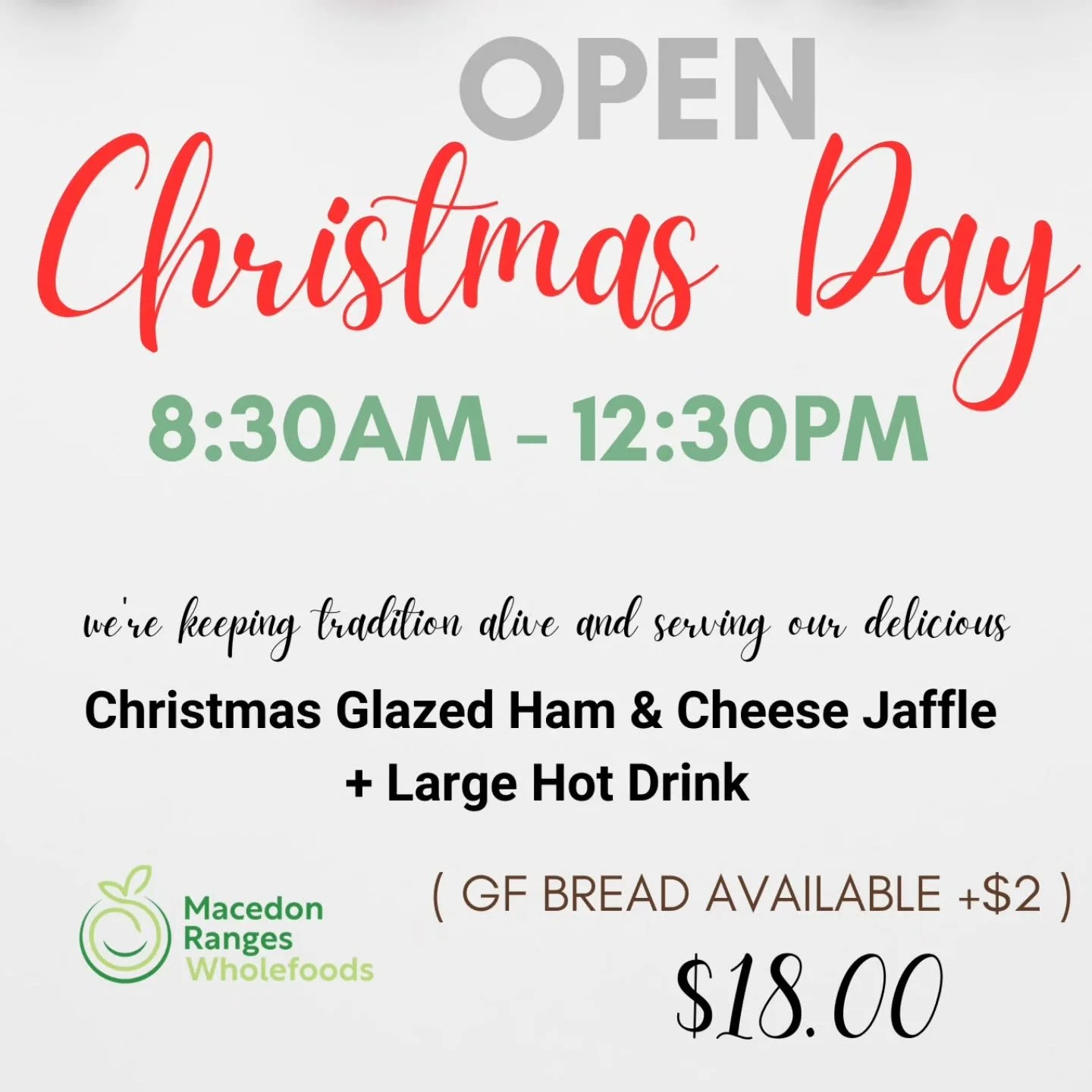 We're thrilled to announce that we'll be open on Christmas Day to welcome you!

Swing by between 8:30am - 12:30pm for a festive coffee, jaffle, and some holiday cheer.

#macedonranges #MacedonRangesWholefoods #visitmacedonranges #christmasday #christ