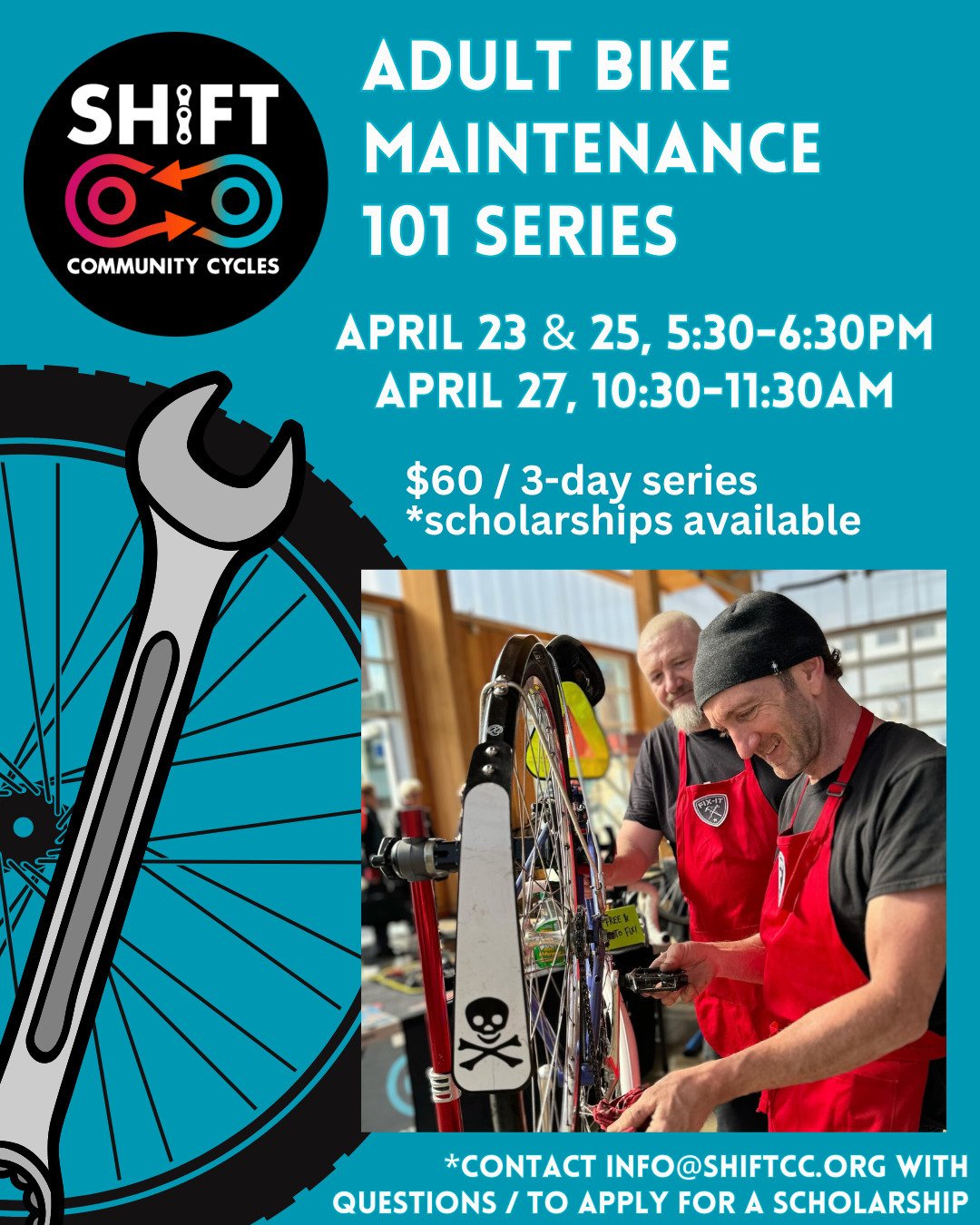 Adult Bike Maintenance 101 Series! There are still a few spaces left to register before Tuesday, 4/23 (the first day of this series). 

Co-facilitated by Shift staff Leonardo Cruces and Erin Carol (both bilingual, Eng/esp). @crucesleonardo @erin_caro