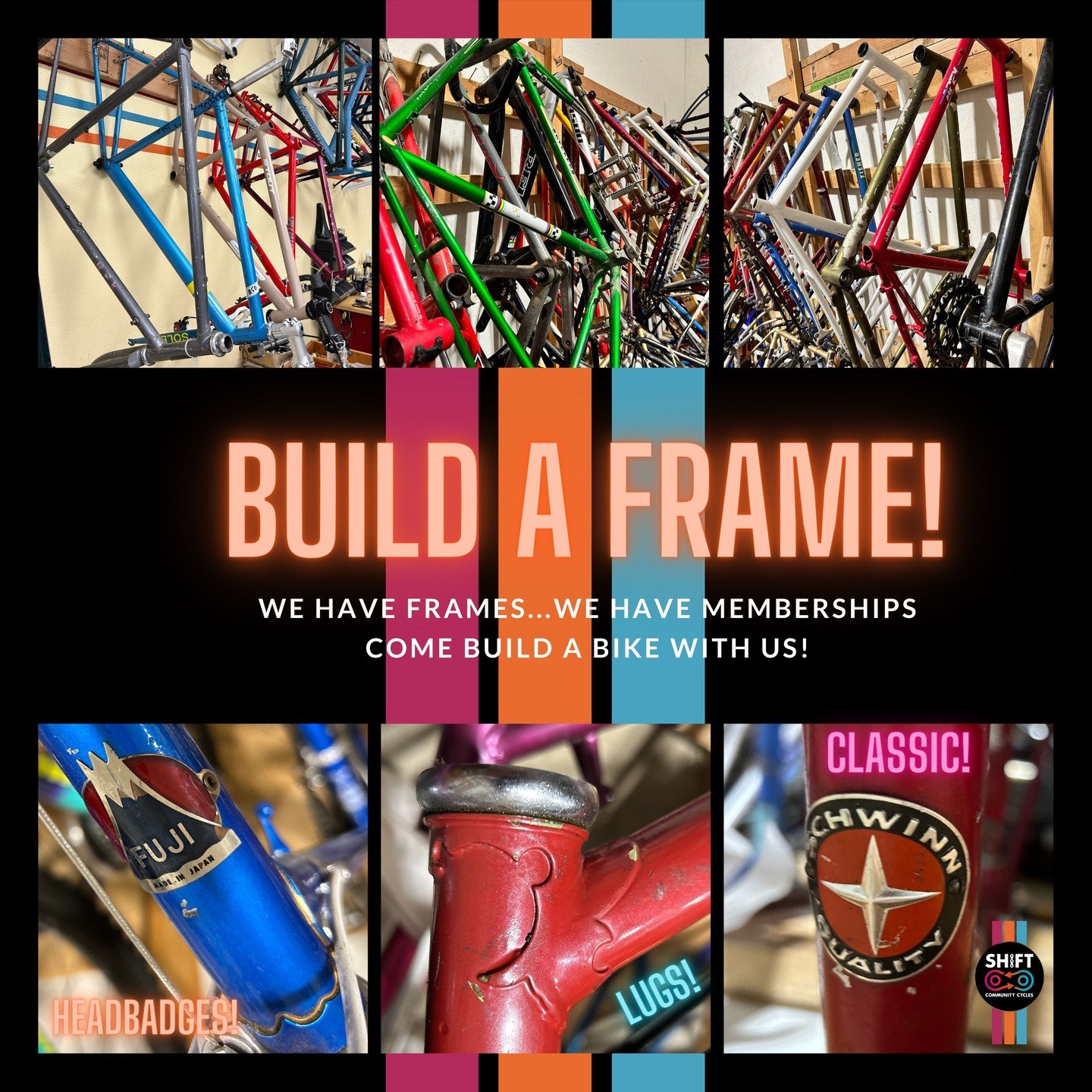 We have frames for sale, we have membership options with all the tools and stands. Now it's time to combine the two. Come on down one and all, find the dreamy frame you love, find all the used or new parts and put those memberships to work. We can't 