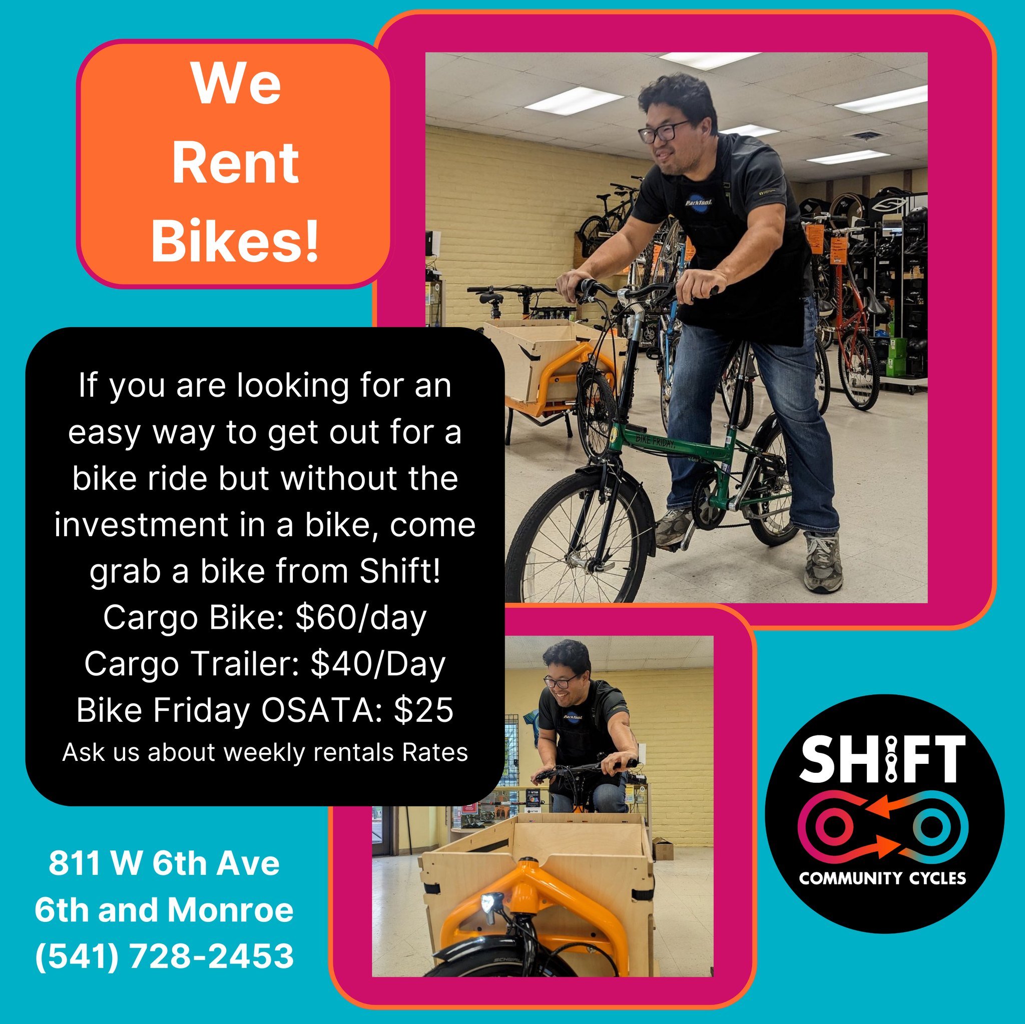 Did you know we rent bikes? Well yes, yes we do and we would love to get you out on a rental. We have a Front-Loader E-Cargo bike and Bike Friday OSATA bikes which are adjustable to fit almost anyone(nice and compact as well). Come on down to the sho