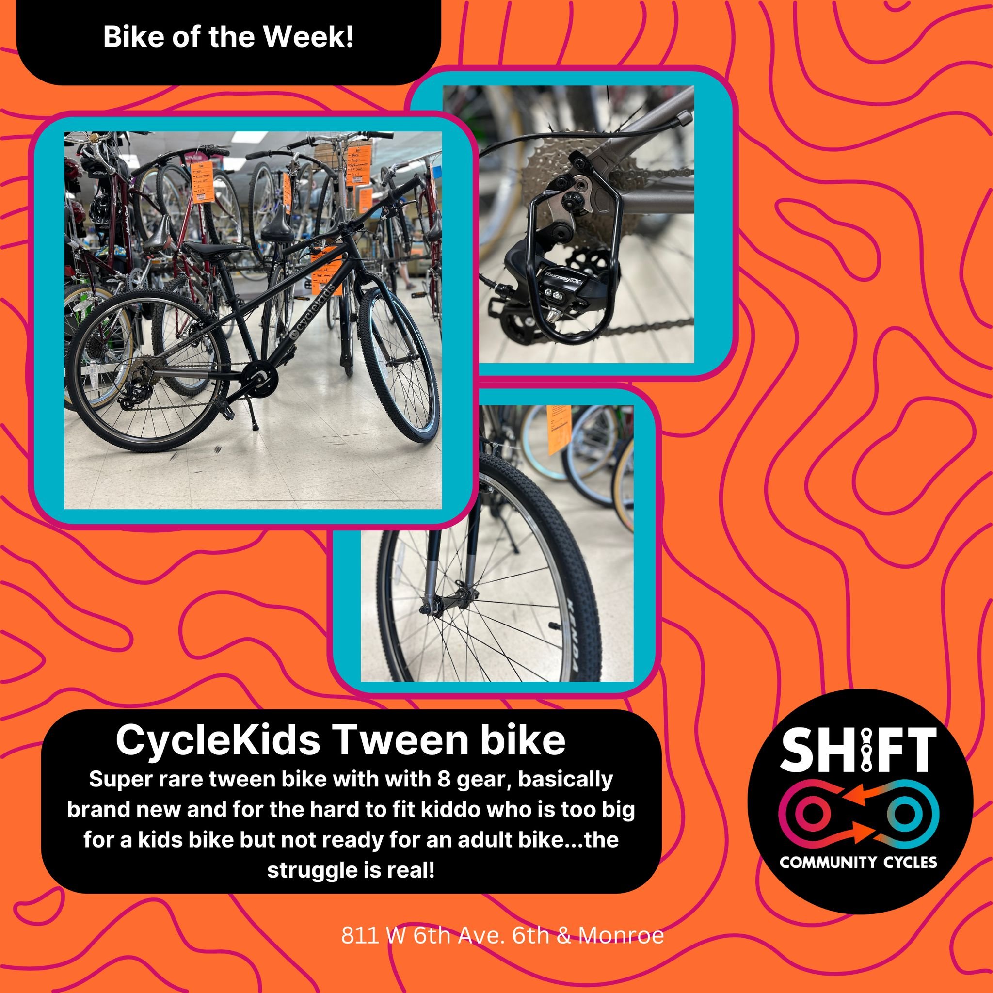 Bike of the week is an awesome Tween bike. Seriously, parents we have what you are looking for with this amazing bike that is basically brand new. For the kiddo that is too big for a kids bike but not ready for an adult bike...this is the dream! Come