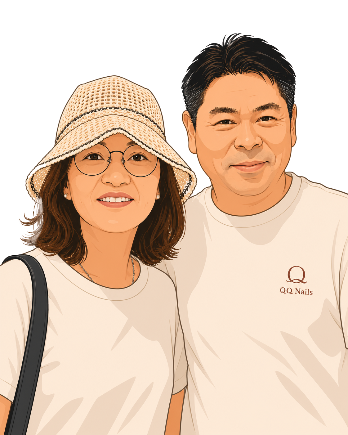 A woman and a man posing together, both wearing white shirts, with the woman also wearing a sun hat and glasses, and the man having short black hair. The woman's shirt has a black strap, and the man's shirt has a logo that reads 'QQ Nails'.