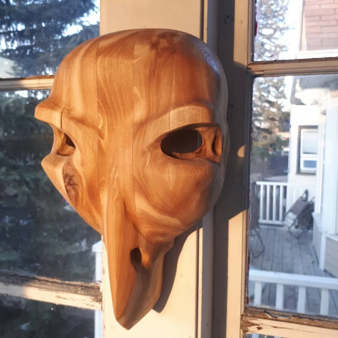 My first mask commission for some airdrie fella's birthday. 
I've been enjoying trying some new things lately, and while I have a long way to go in all of these creative endeavors, it is extremely therapeutic to focus on the tactile.
.
.
#woodenmasks