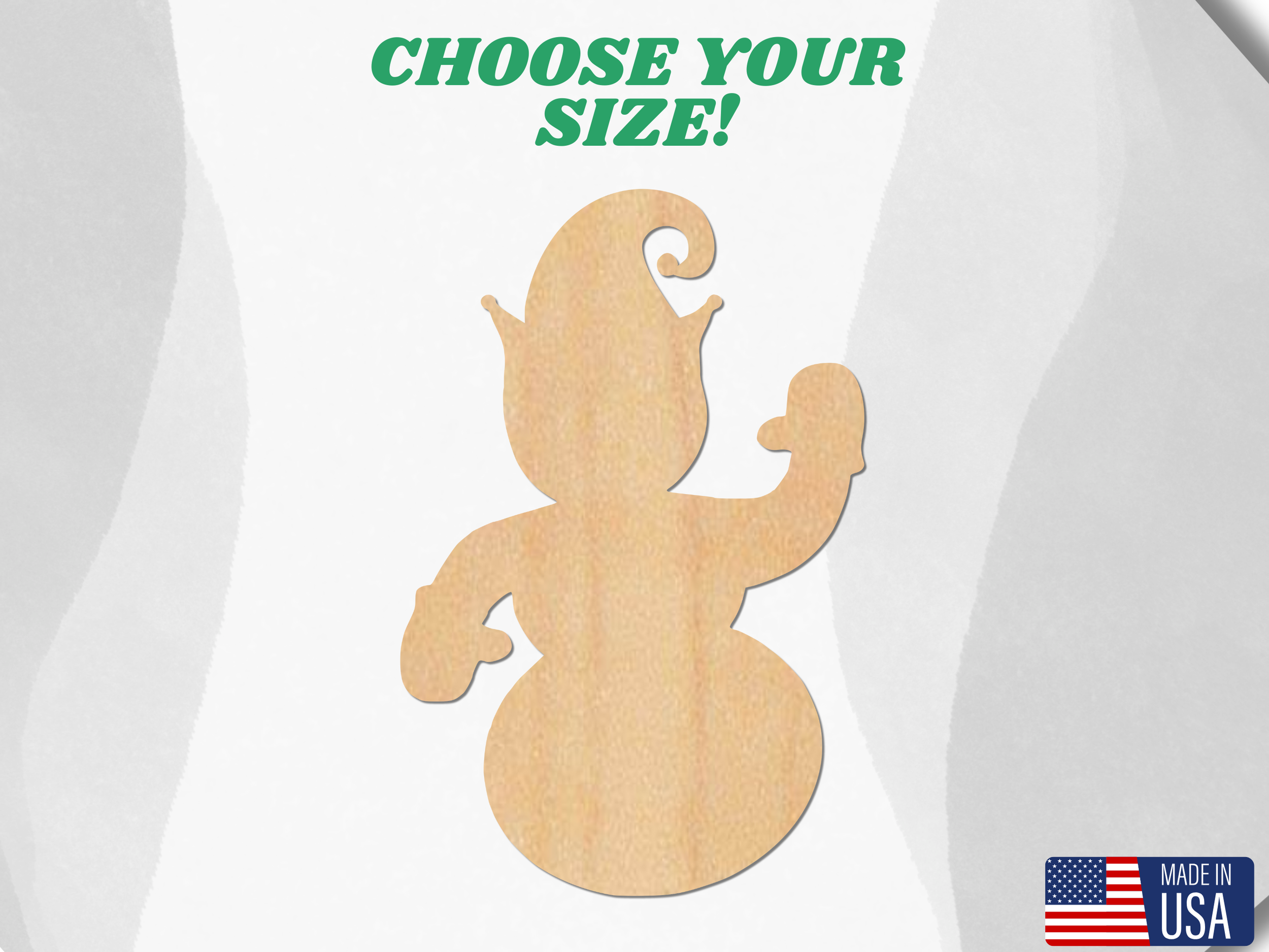 Wood cutout of a waving snowman wearing and elf hat