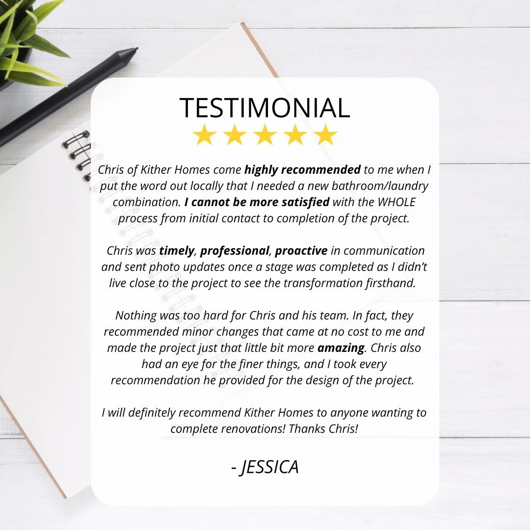 ✨ Another glowing review we're proud to share!

Huge thanks to Jessica for the kind words and for trusting Kither Homes with her bathroom and laundry renovation. It's feedback like this that keeps us motivated to go above and beyond for every client.