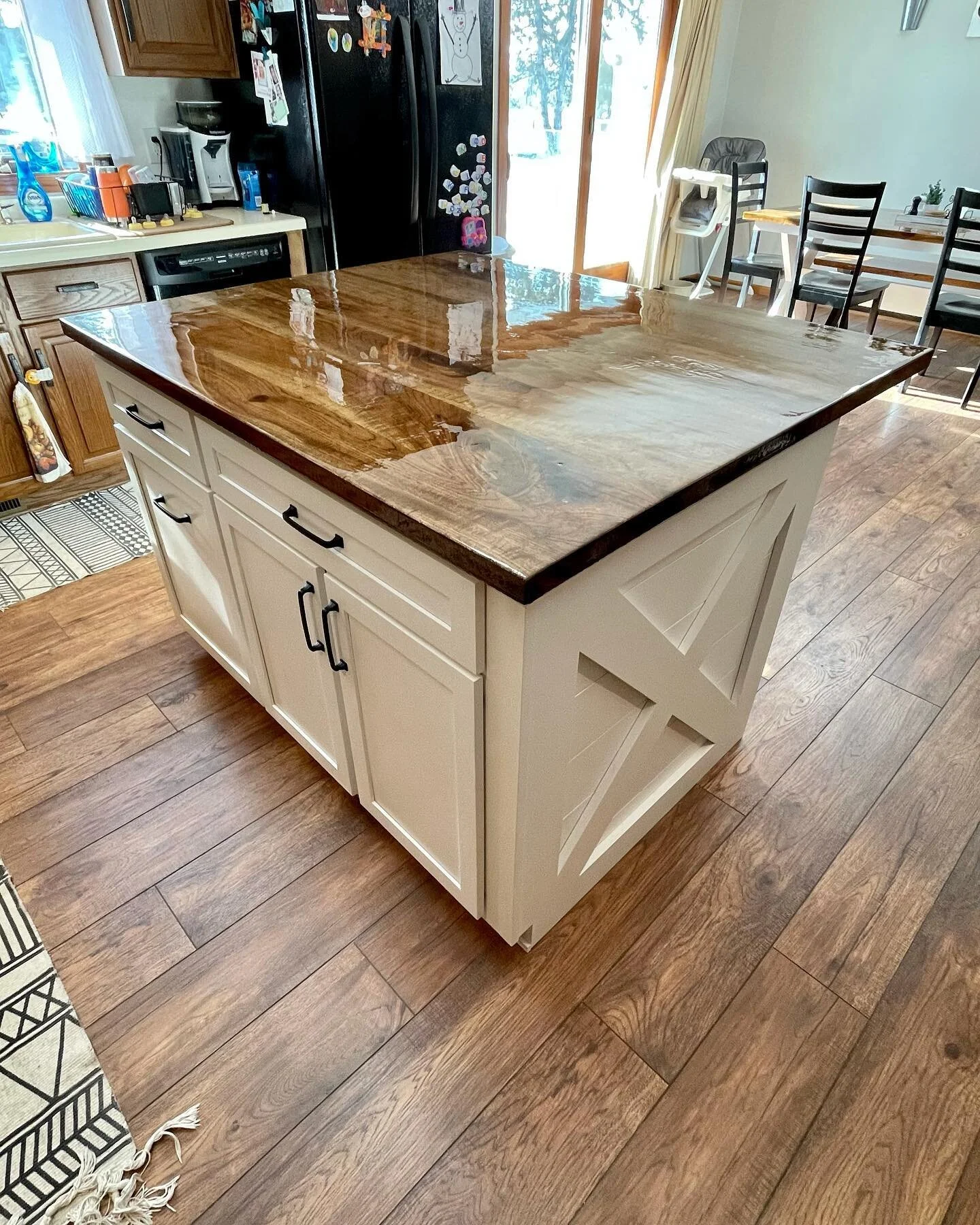 Custom kitchen island with a stained hickory top. 

Love how this one turned out!