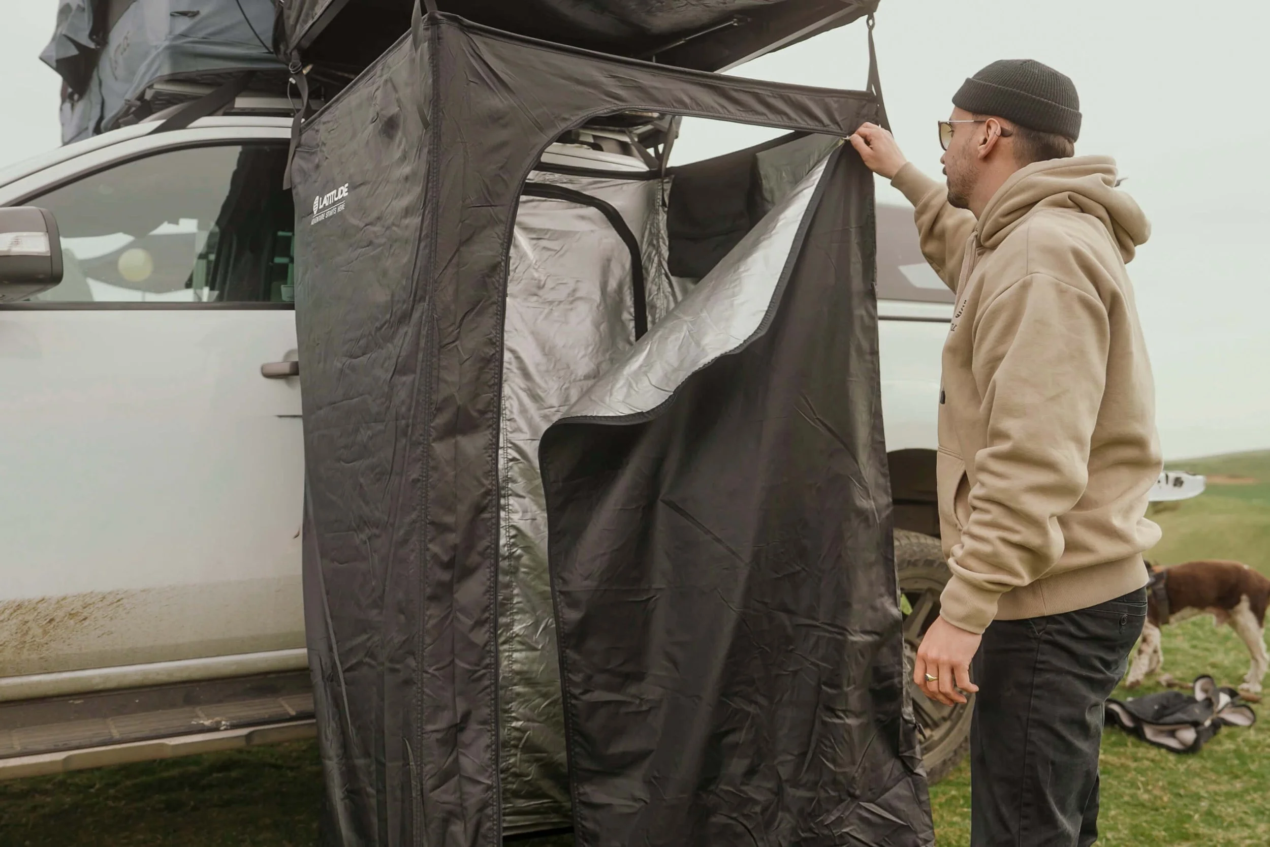 Wingman Shower Awning opening when camping