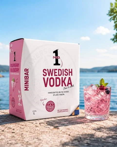 NO.1 Minibar Bag in Box med rosa drink och svensk sommarmiljö