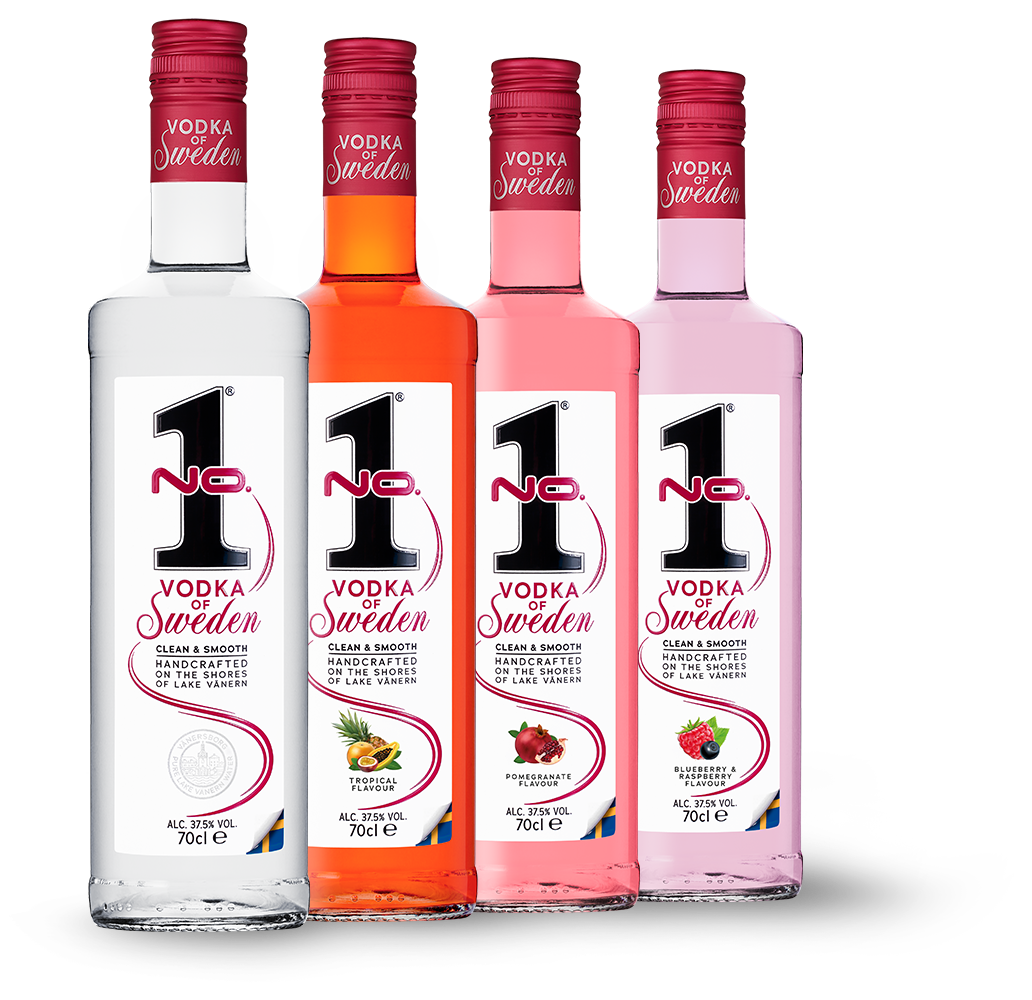 No.1 Vodka of Sweden sortiment med Dry Gin, Strawberry, Elderflower Citrus och Blood Orange flaskor mot transparent bakgrund.