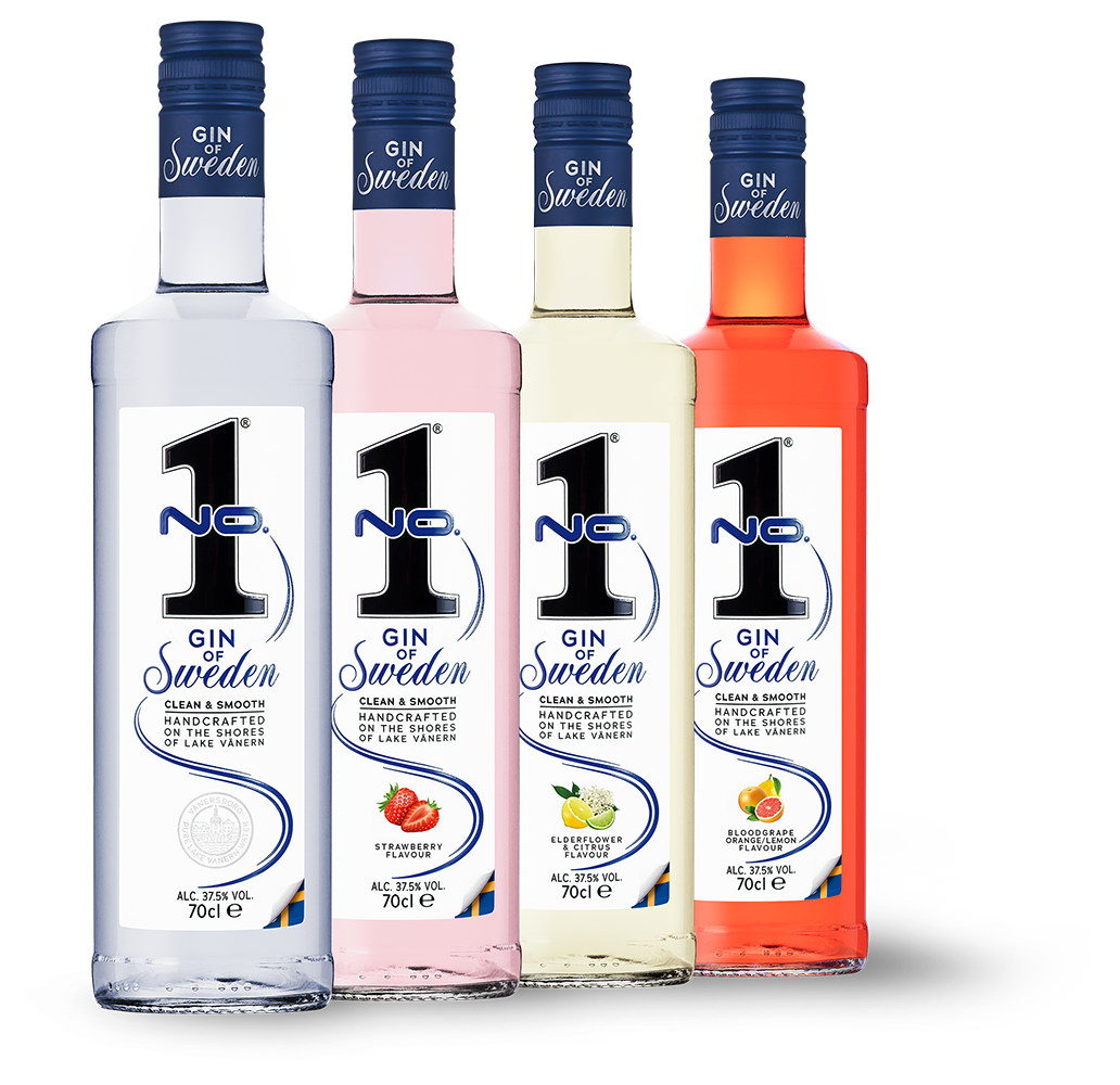 N0.1 Gin of Sweden sortiment med Dry Gin, Strawberry, Elderflower Citrus och Blood Orange flaskor mot transparent bakgrund.