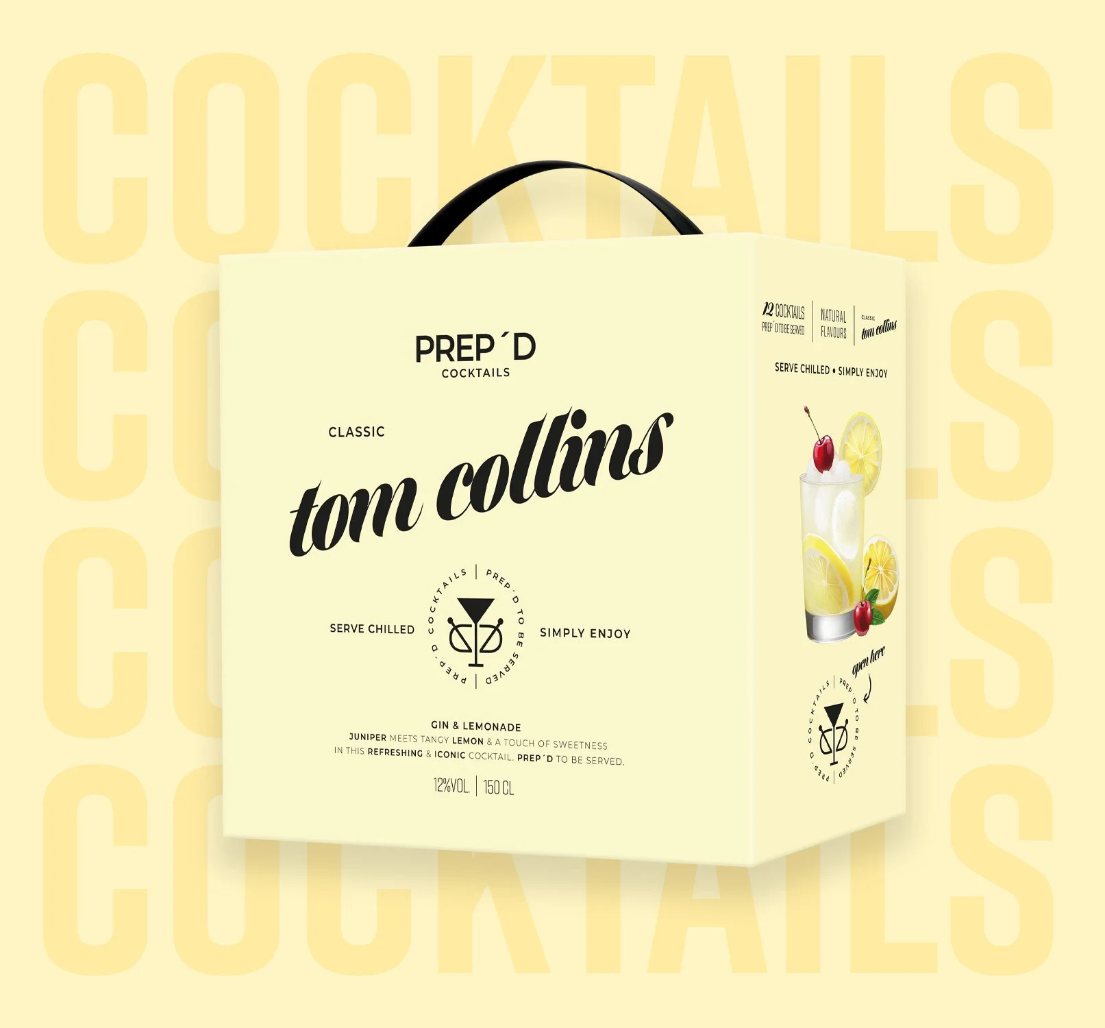 Prepd Tom Collins ready to drink cocktail box with lemon garnish and refreshing gin-based drink