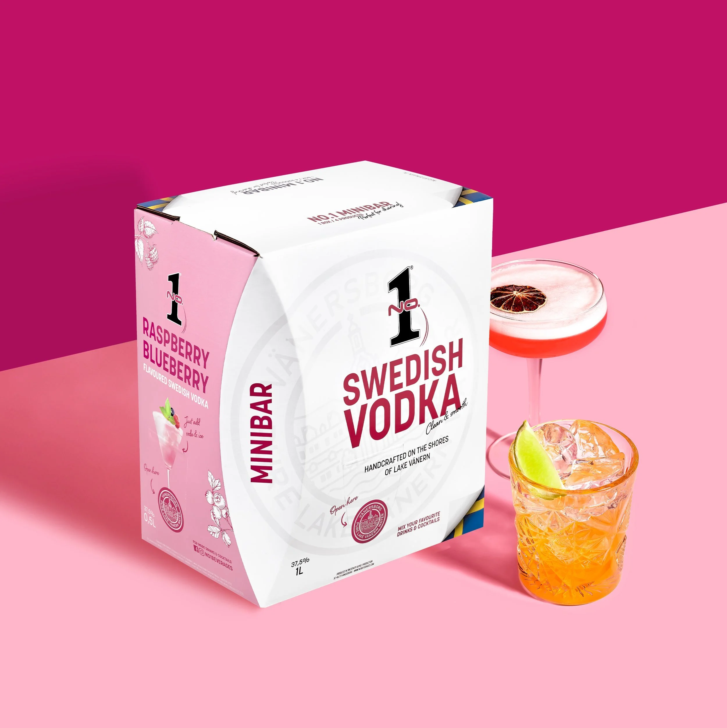 No.1 Minibar cocktail box with mixed spirits including vodka and gin, ready to serve party drinks