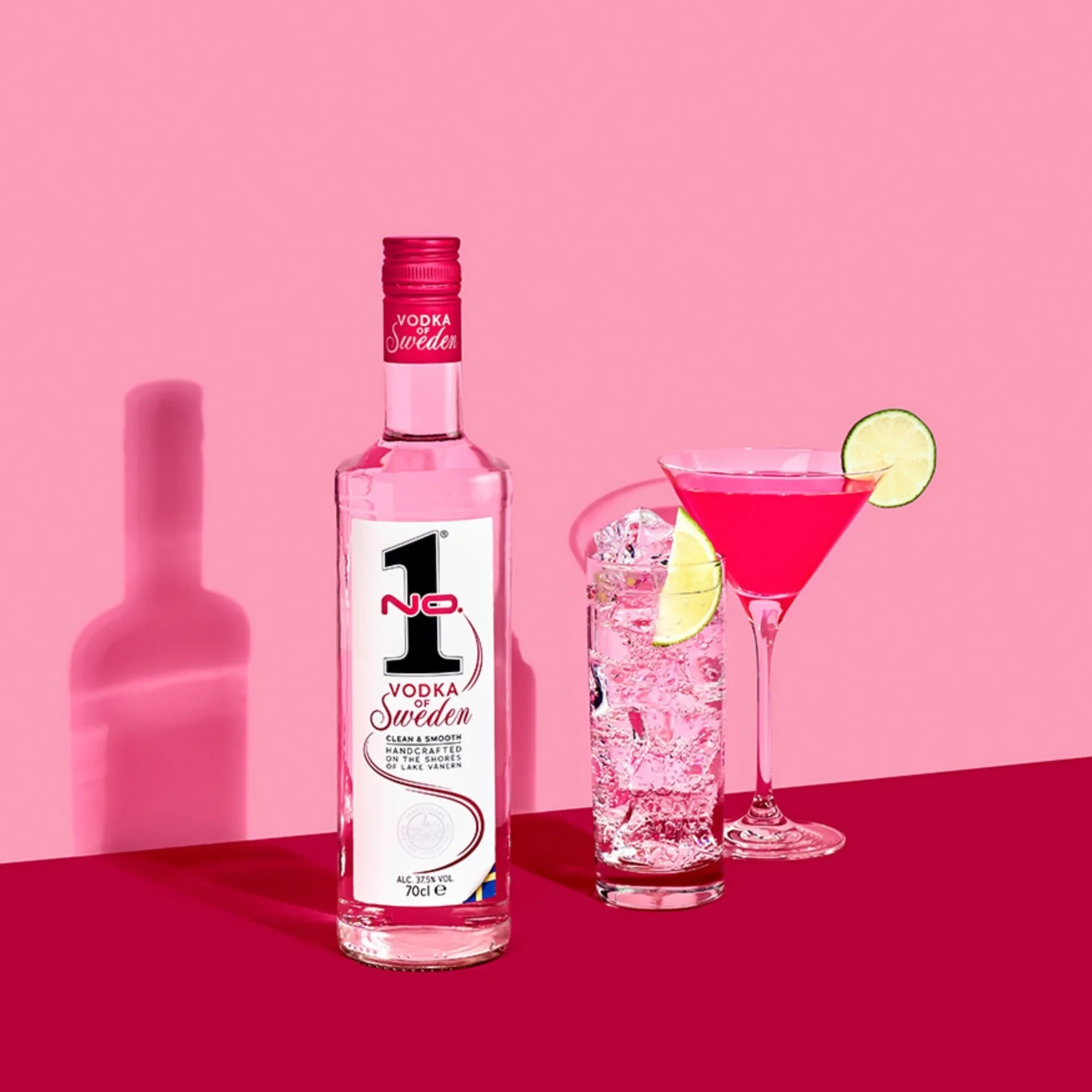 No.1 Premium Vodka from Sweden with cocktail drinks, lemon garnish and pink background