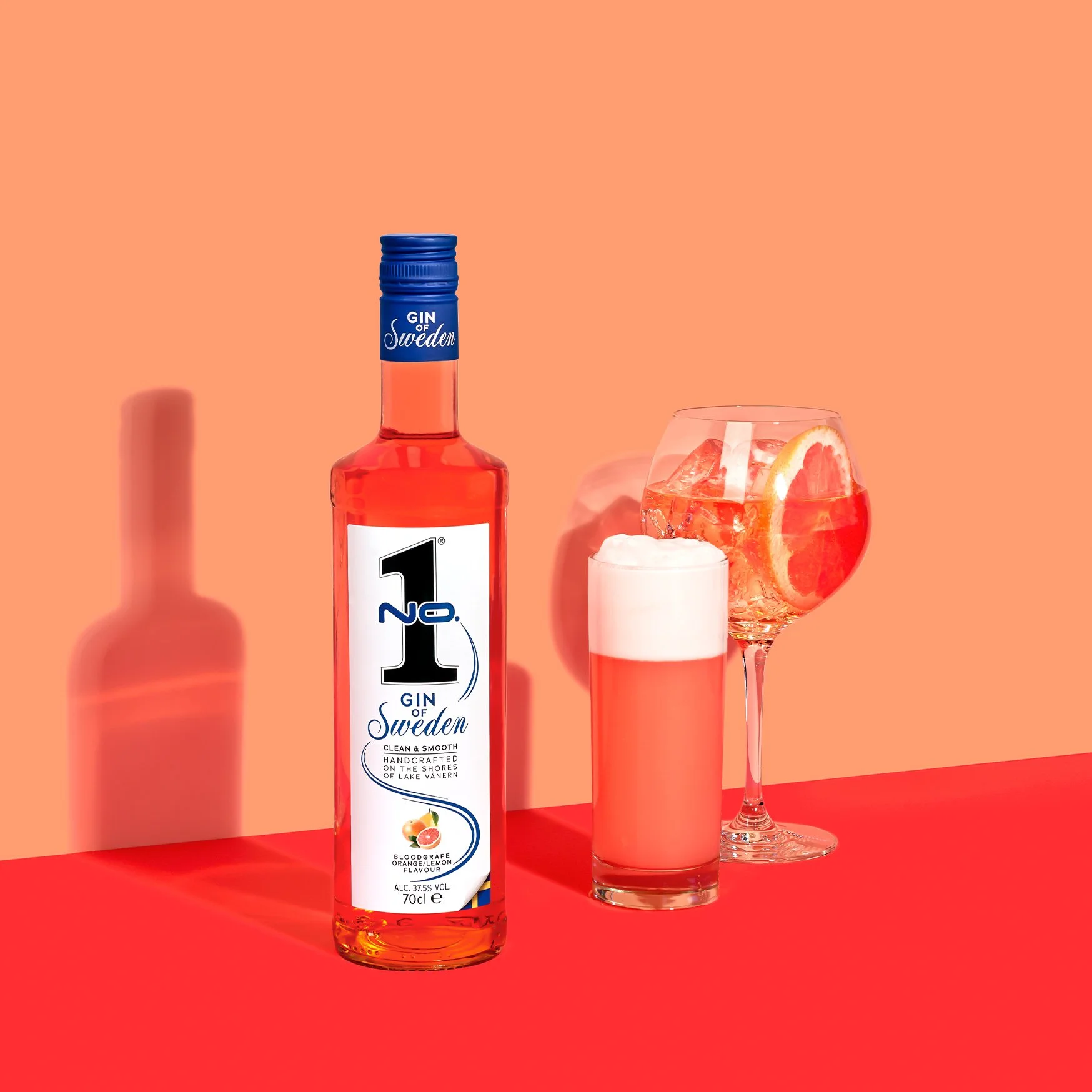 No.1 Premium Dry Gin citrus blend from Sweden with cocktails, grapefruit and orange garnish and ice drinks