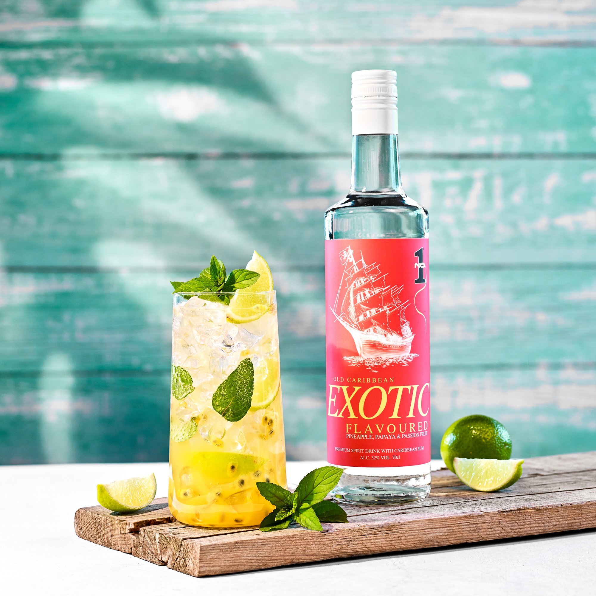 No.1 Old Caribbean Exotic rum with tropical fruit cocktail, lime garnish and exotic Caribbean rum flavours