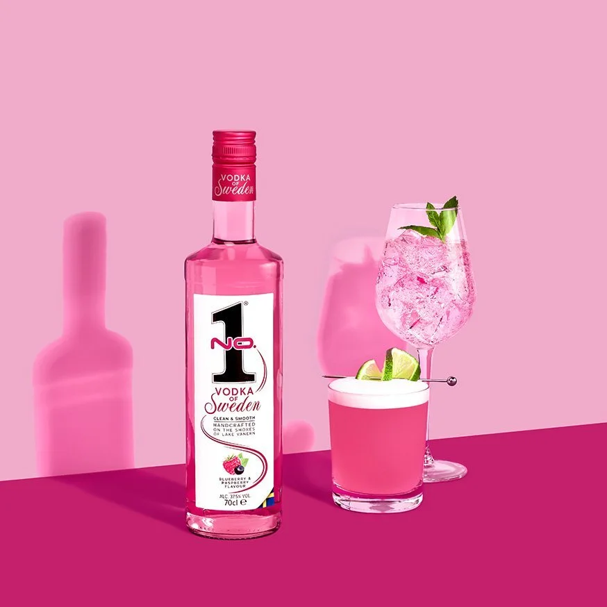 No.1 Premium Vodka Blueberry Raspberry from Sweden with pink cocktails, lime garnish and ice drinks