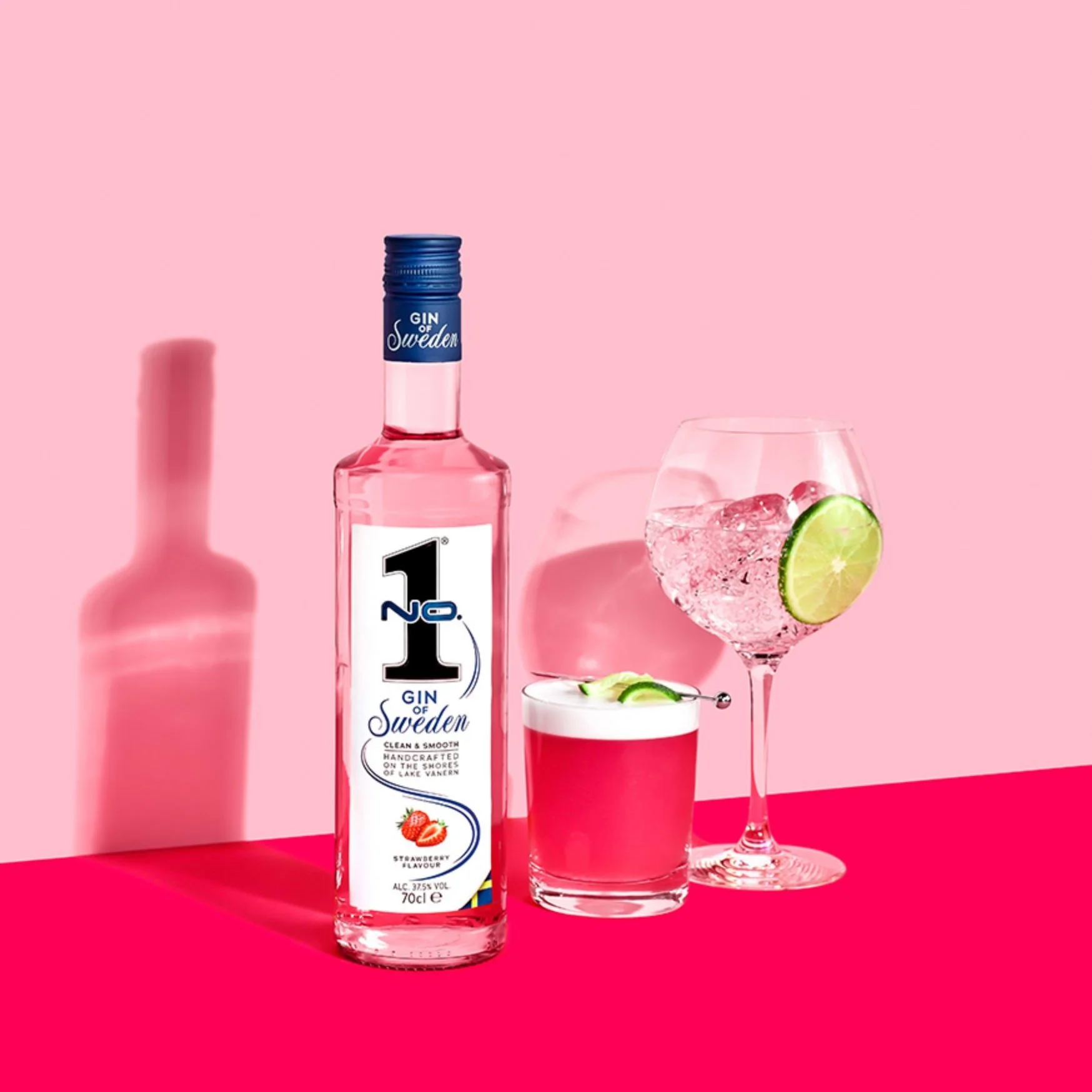 No.1 Premium Dry Gin Strawberry from Sweden with pink cocktails, lime garnish and ice drinks
