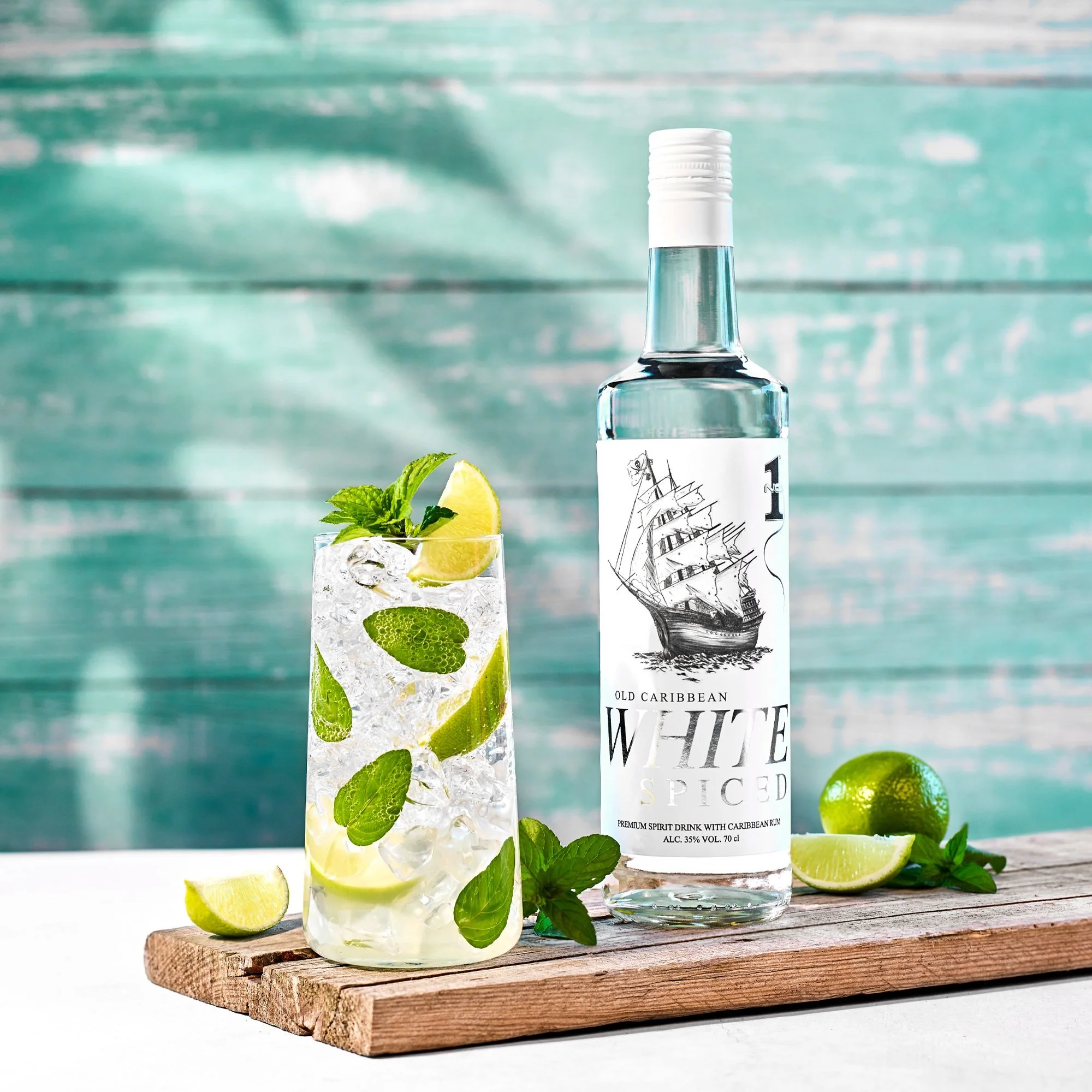 No.1 Old Caribbean White Spiced rum with lime, mint and refreshing cocktail, smooth Caribbean rum