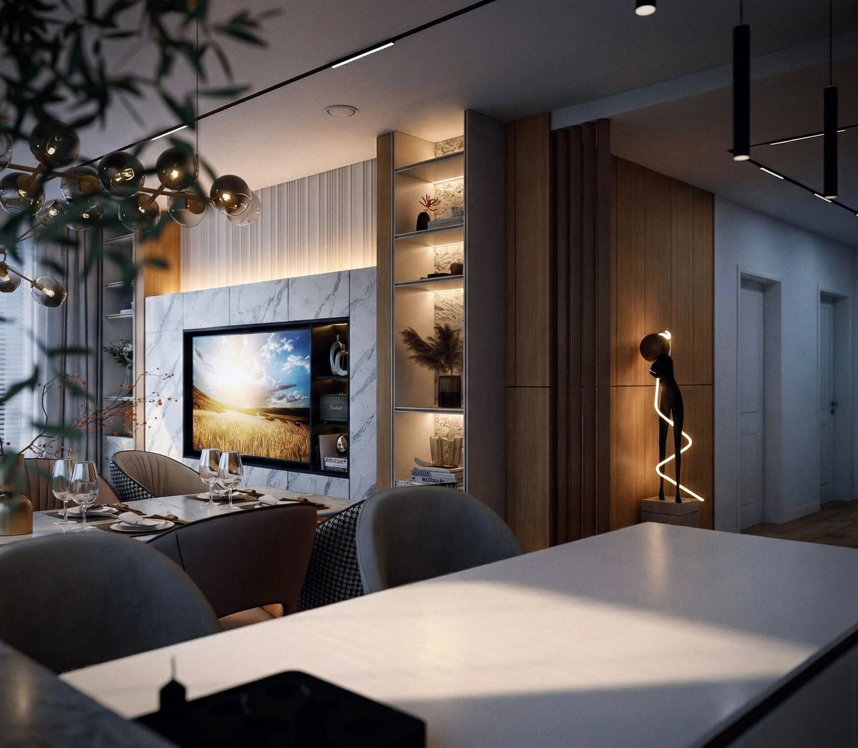 Randare peninsula bucatarie+hol, seara.jpeg