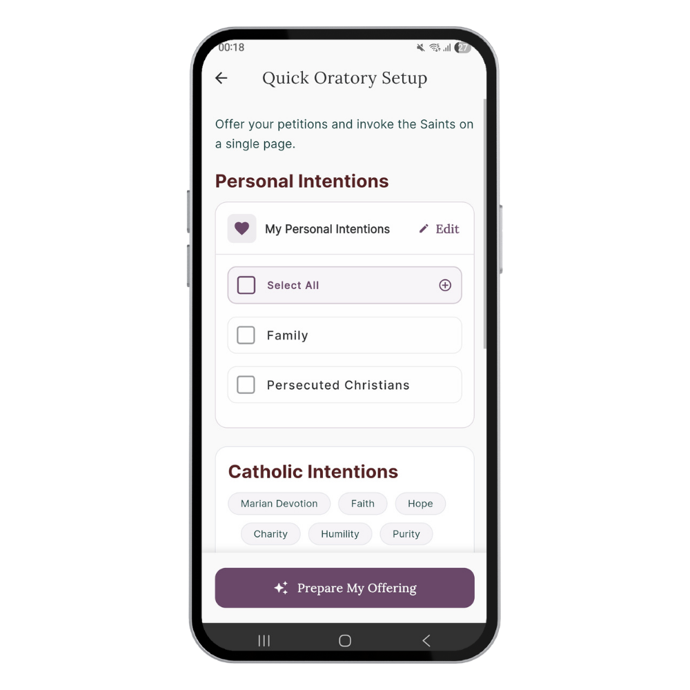Smartphone screen displaying a religious app with options for personal and Catholic intentions, and a button labeled 'Prepare My Offering.'