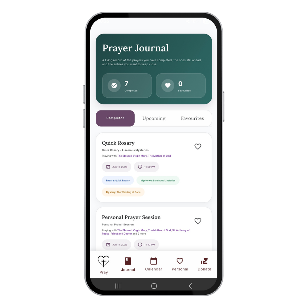 Mobile phone screen displaying a prayer journal app with sections for completed prayers, upcoming prayers, and favorites. The app shows two entries: 'Quick Rosary' and 'Personal Prayer Session' with details about each prayer. Navigation menu icons at the bottom include Pray, Journal, Calendar, Personal, and Donate.