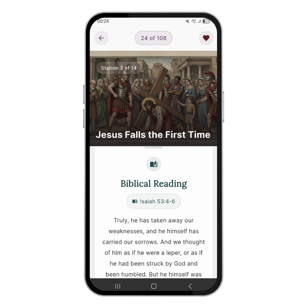 Smartphone screen displaying a religious app for Bible readings, showing a section titled "Jesus Falls the First Time" with an image of Jesus carrying a cross surrounded by people.