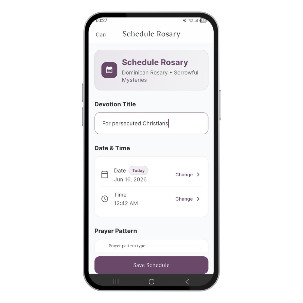 Mobile phone screen displaying a prayer scheduling app with a title 'Schedule Rosary', a devotion titled 'For persecuted Christians', date set to June 16, 2026, time 12:42 AM, and a button labeled 'Save Schedule'.