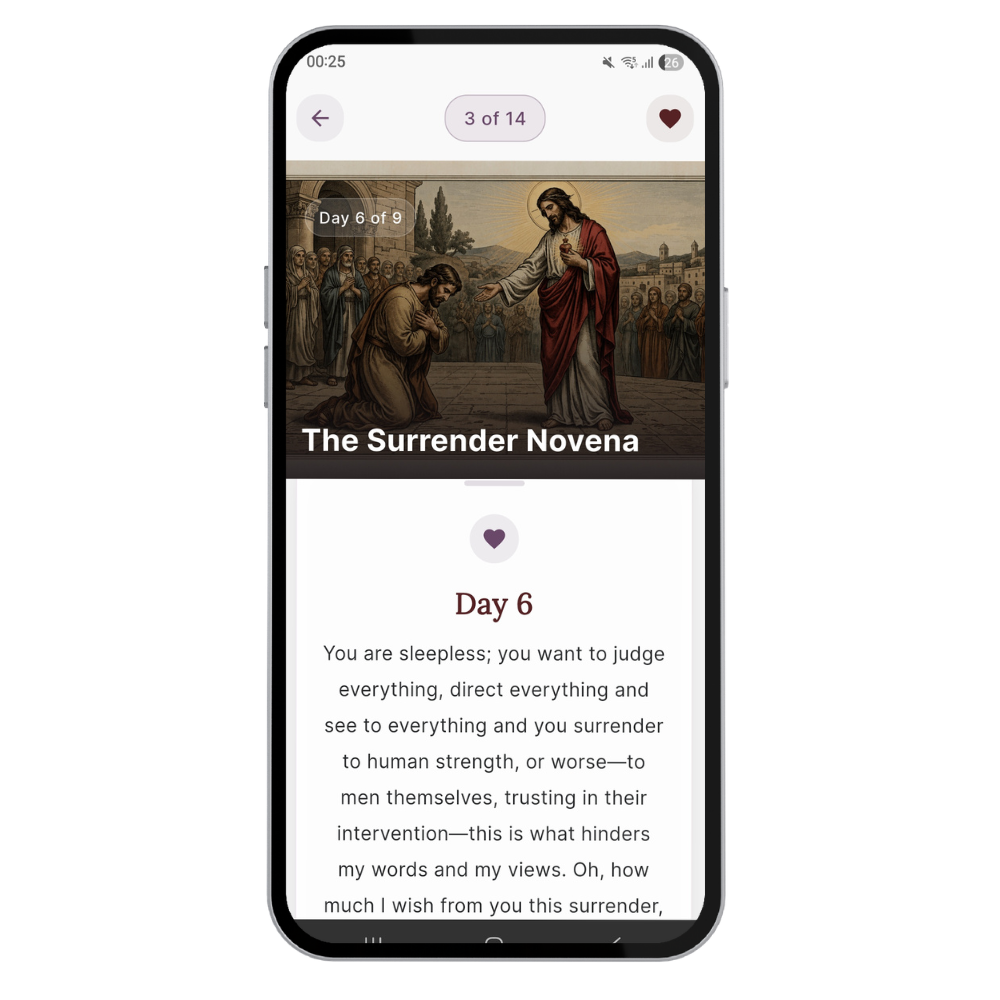 A smartphone screen displaying a religious app with an image of Jesus Christ and a kneeling man, titled "The Surrender Novena" and indicating it is Day 6 of 9.