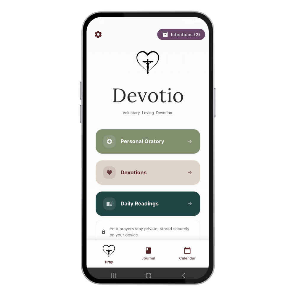 Traditional Catholic prayer app interface with Douay-Rheims scripture on parchment background.