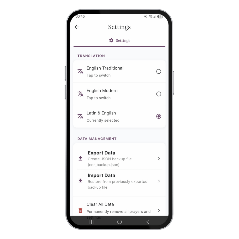 Smartphone screen displaying language settings with options for translation and data management, including export and import data, and clear all data.
