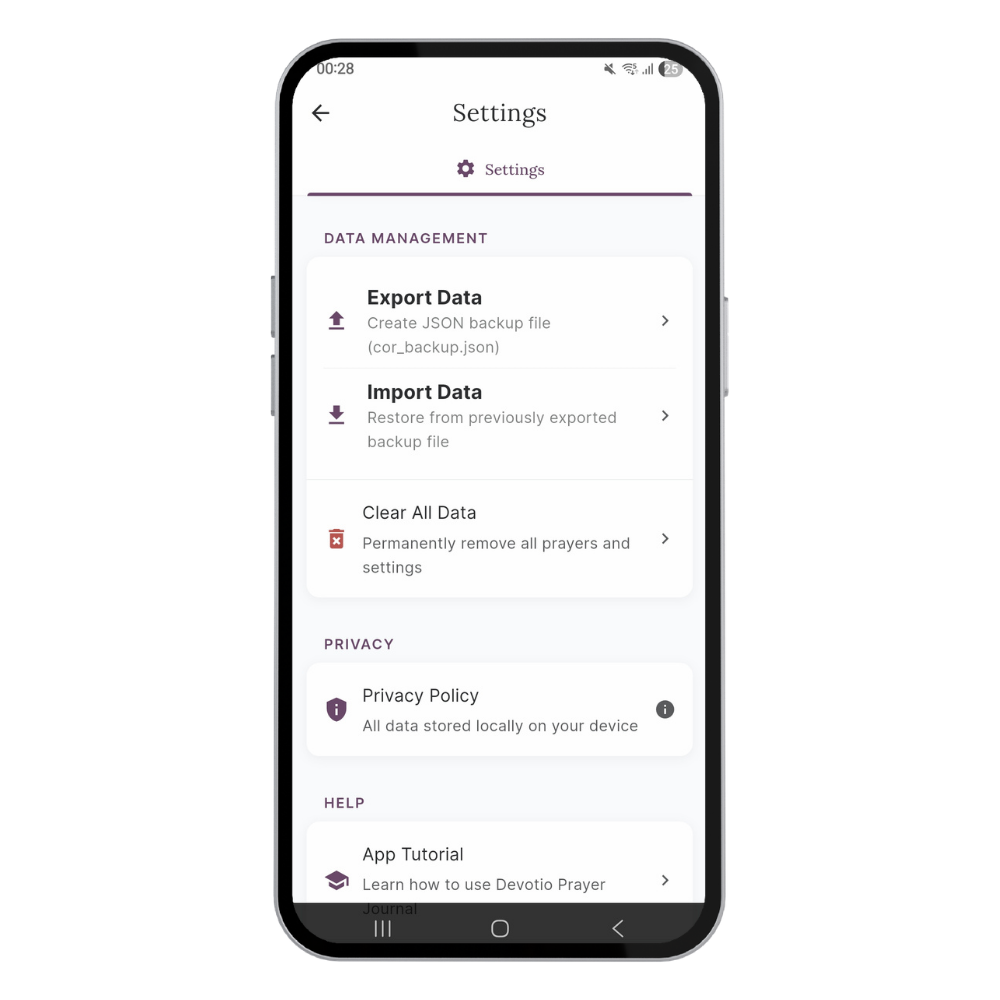 Mobile phone screen displaying app settings menu with options for data management, privacy, and help.