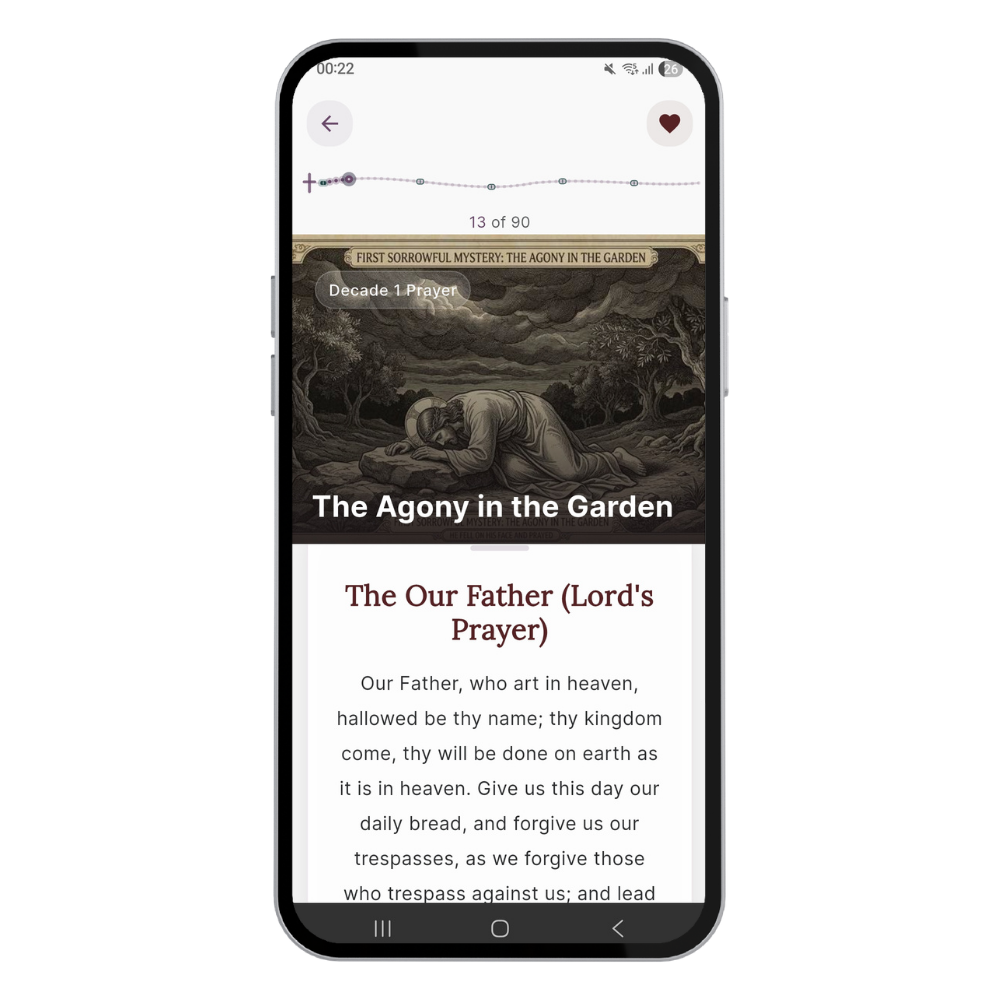A smartphone displaying a religious prayer app with a section titled "The Agony in the Garden," showing a dark illustration of Jesus praying in a garden, and the text of "The Our Father" prayer.