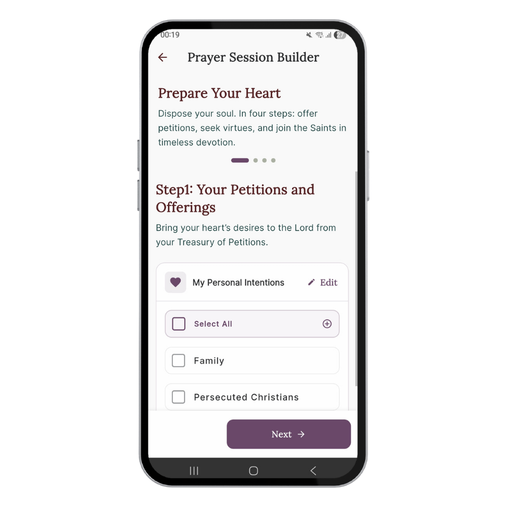 Mobile phone screen displaying a prayer session builder app with sections for preparing your heart, submitting petitions, and offerings. The visible part shows steps for bringing desires to the Lord, with options to select personal intentions, family, and persecuted Christians.