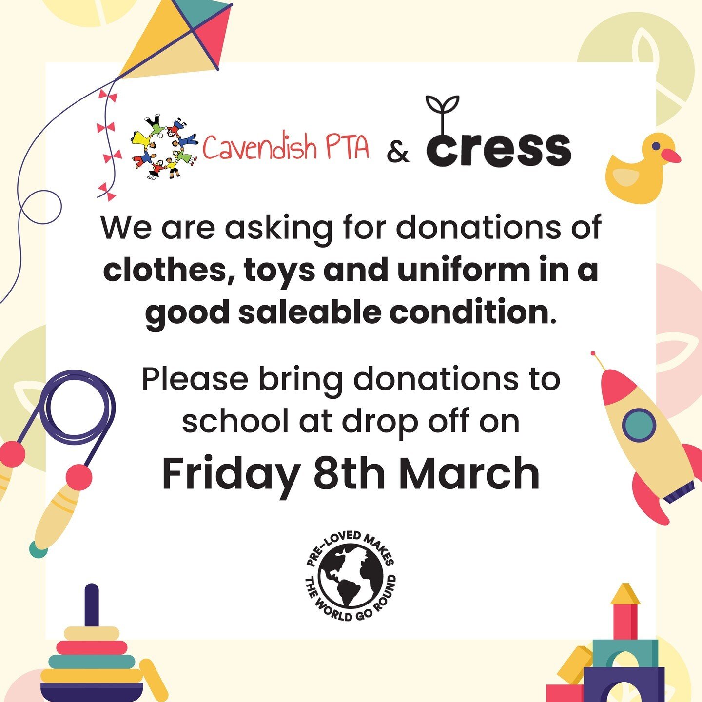 Cavendish PTA have partnered with @wearecress an online marketplace that will help us to sell on preloved items and raise money for the school.

We are asking if you could help by donating any preloved toys, clothes and uniform in a good saleable con