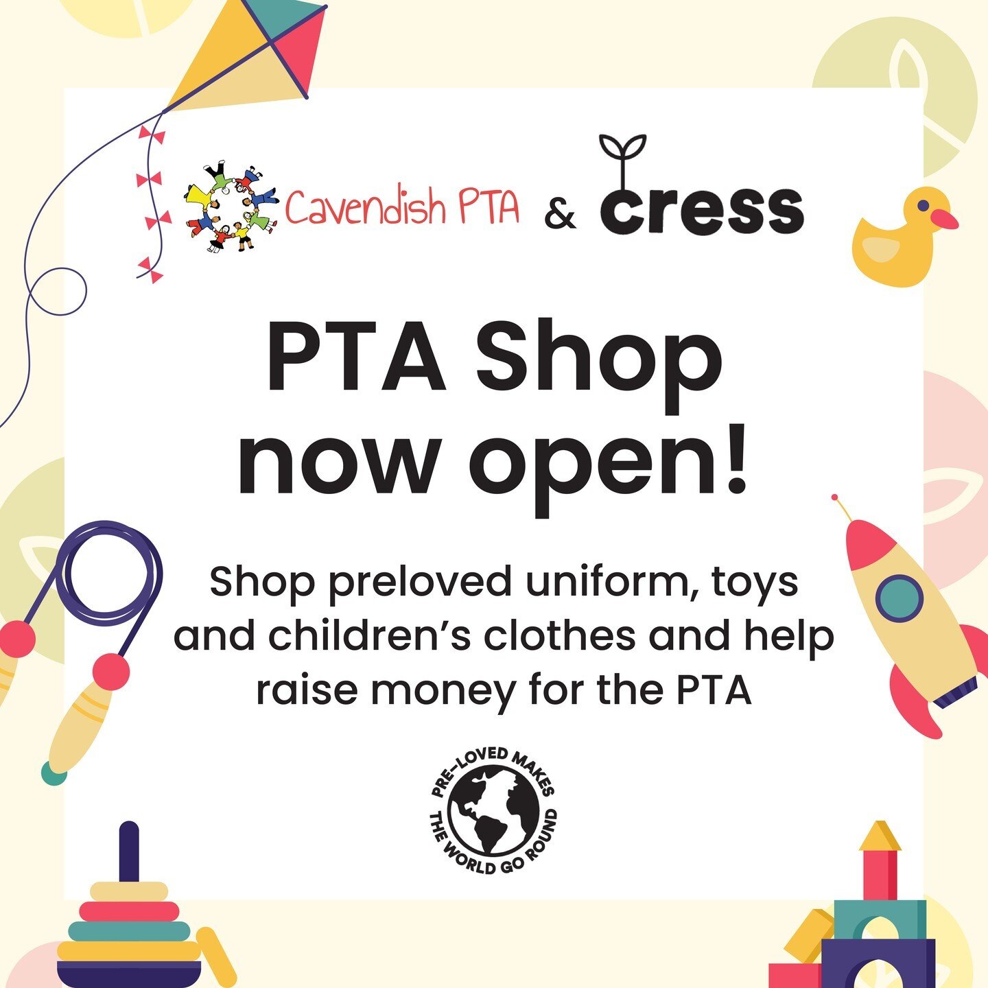 Our Cavendish PTA shops are now open. Shop preloved uniform, children&rsquo;s clothes and toys and help raise money for the PTA!

There&rsquo;s a selection of clothes, toys and books available, all preloved with plenty of life and love left to give. 