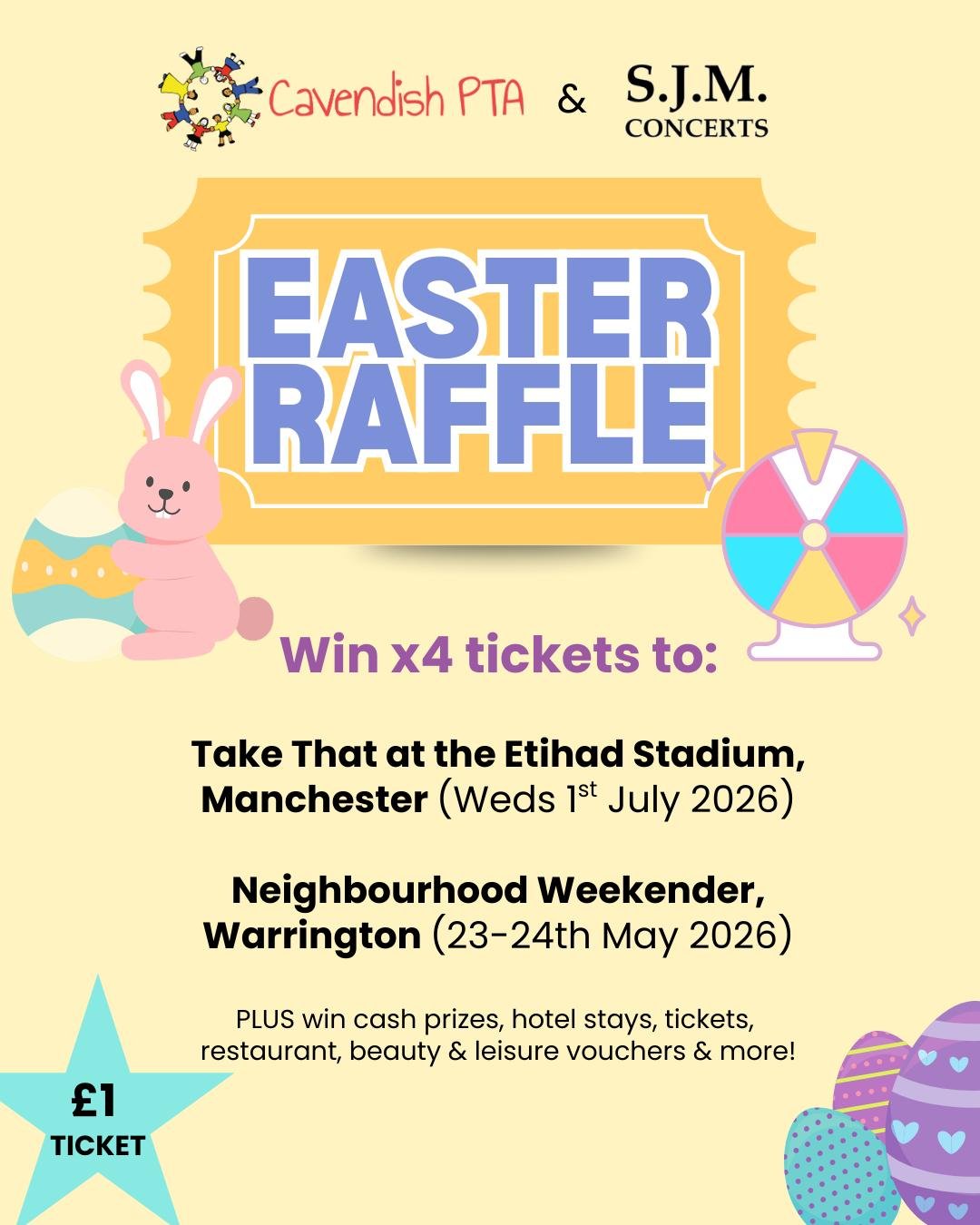 🎟️🐣 It&rsquo;s Easter raffle prize time! We&rsquo;re very excited to announce that SJM Concerts @gigsandtours have once again very generously donated tickets to our Easter raffle AND we have 50+ prizes and counting from local businesses to be won!
