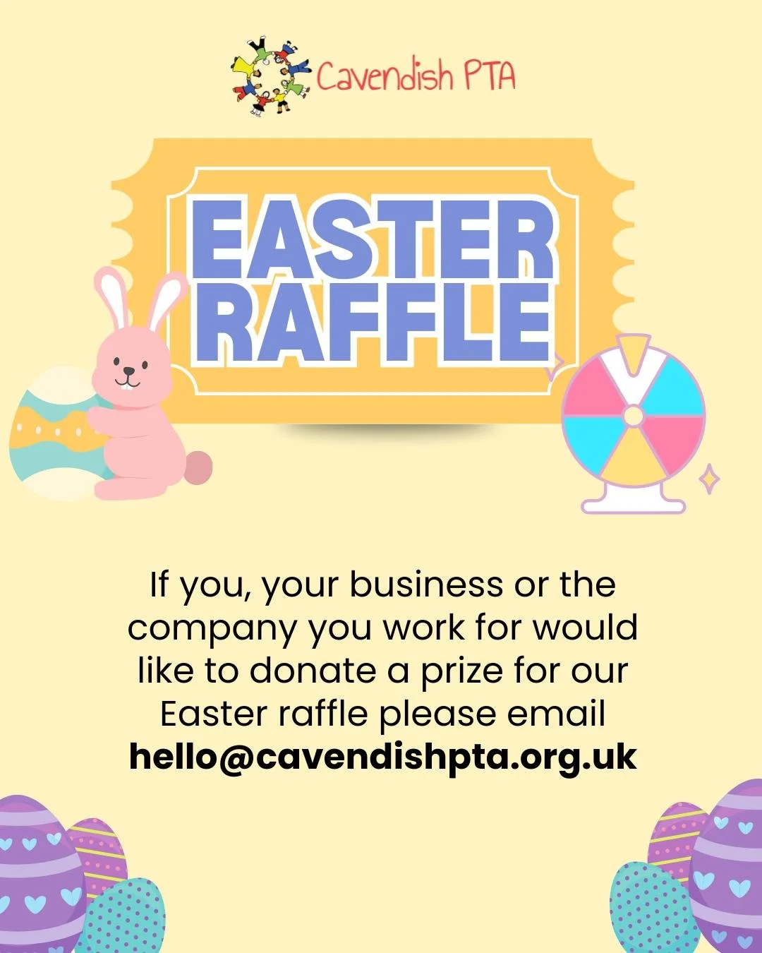 We are asking local businesses and organisations if they are kindly able to donate prizes for our hugely popular Easter raffle! 

If you would like to make a donation, or own a company or work for a business that would like to donate a prize, we welc