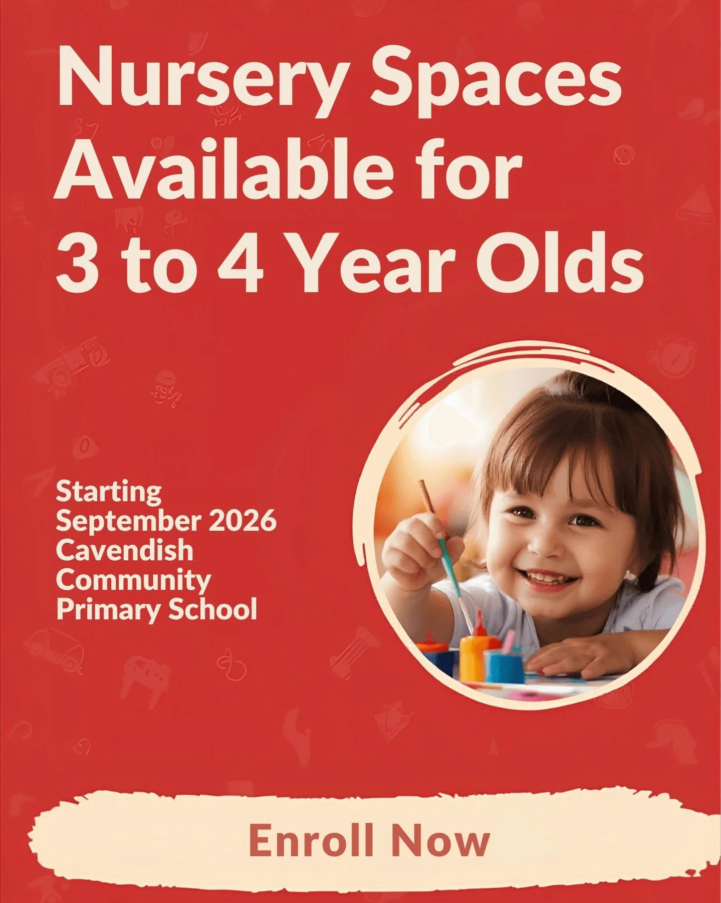 Nursery spaces are available for 3 to 4 year olds at Cavendish Community Primary School, starting in September 2026. 

Express your interest for 2026 enrolment 0161 445 1815 or by emailing admissions@cavendish.manchester.sch.uk

Please spread the wor