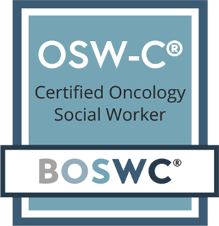 Certification badge for a social worker specializing in oncology, with the text 'OSW-C', 'Certified Oncology Social Worker', and 'BOSWC'.