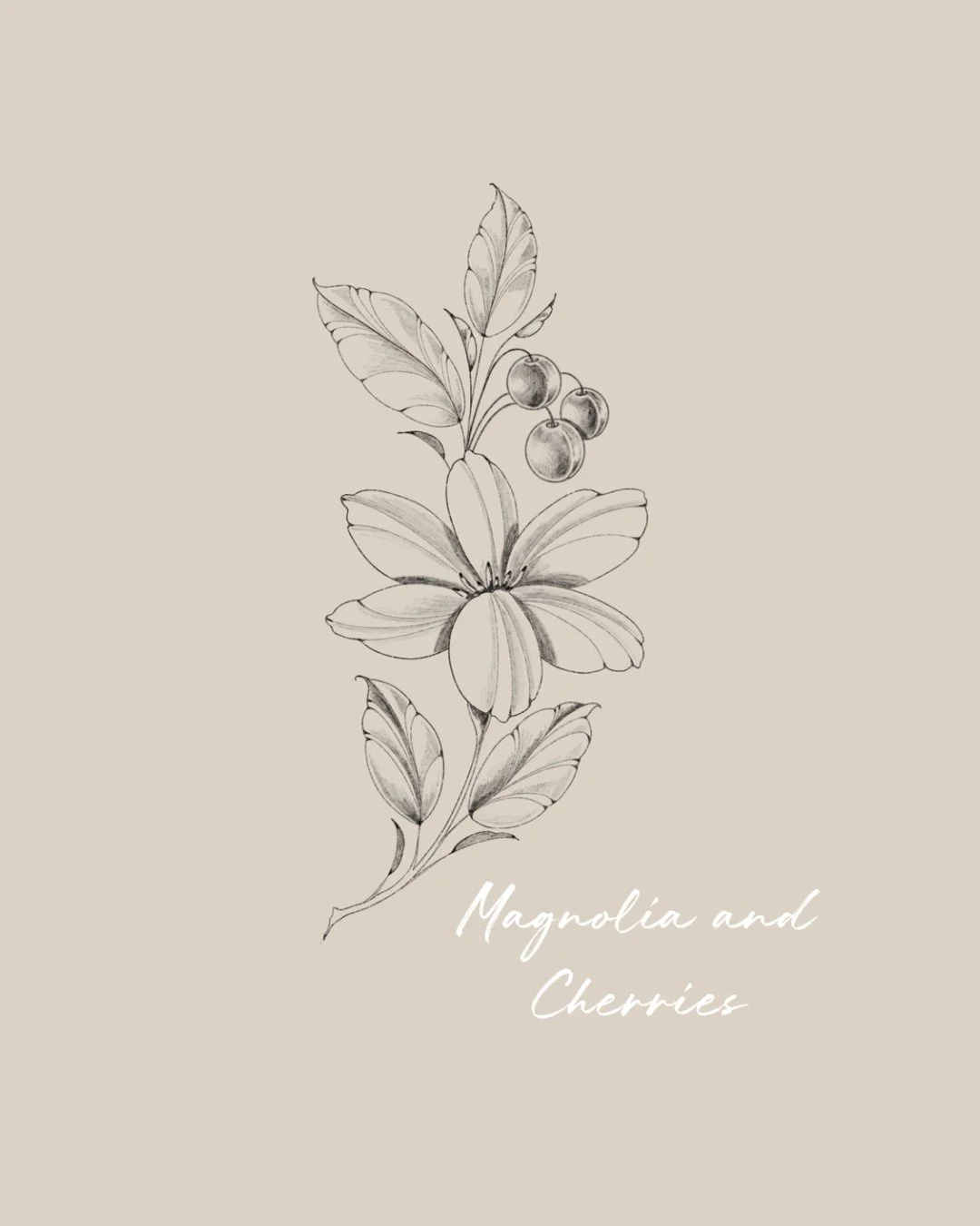 A sketch of magnolia flowers, leaves, and cherries - Fineline & Botanical Tattoo Design Concept at Inkwaves tattoo Studio