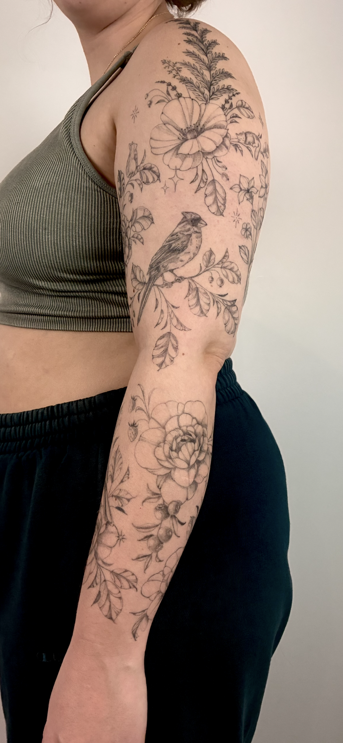 Full sleeve tattoo botanical floral birds and forest feel, delicate