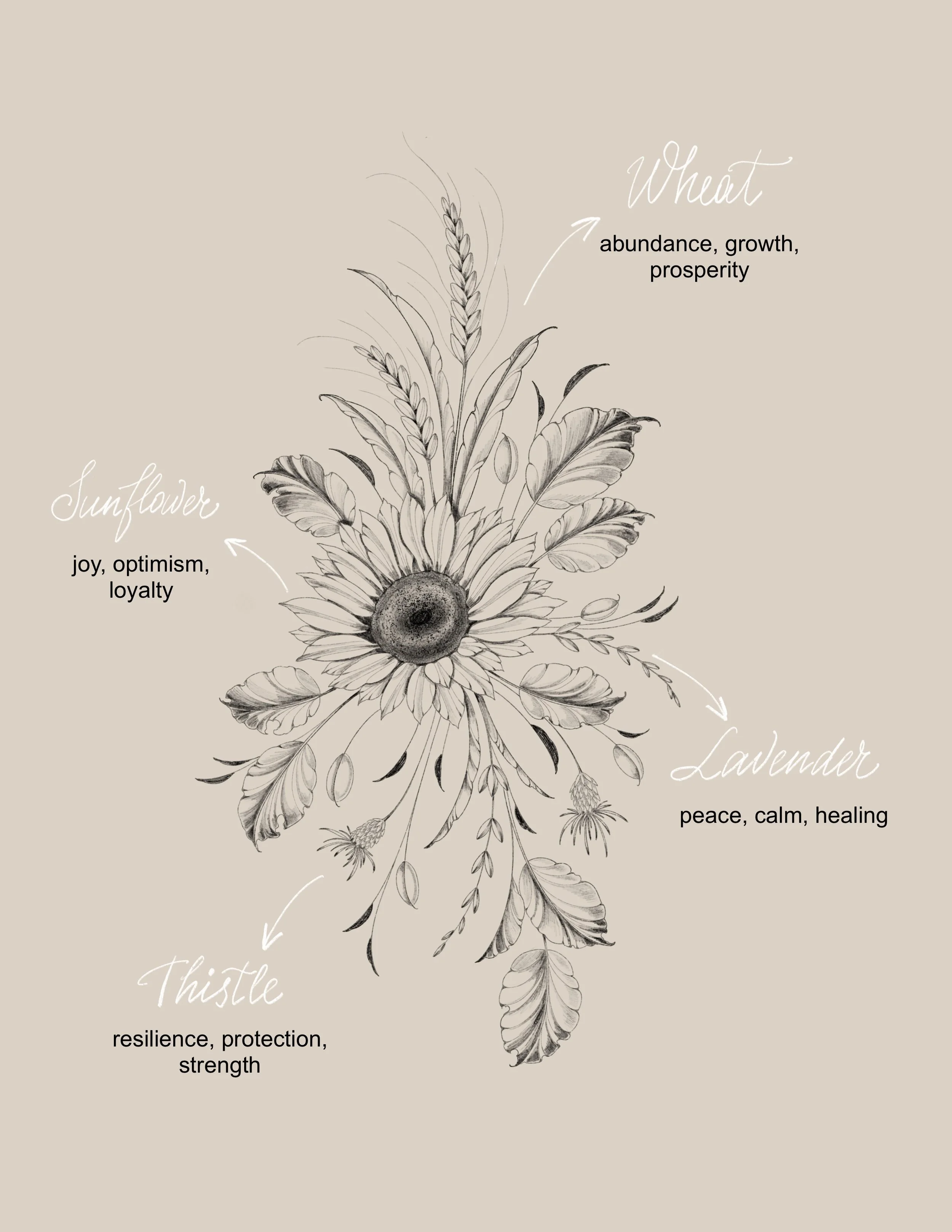 Illustration of a sunflower with labeled petals representing different positive qualities: Fineline & Botanical Tattoo Design Concept at Inkwaves tattoo Studio